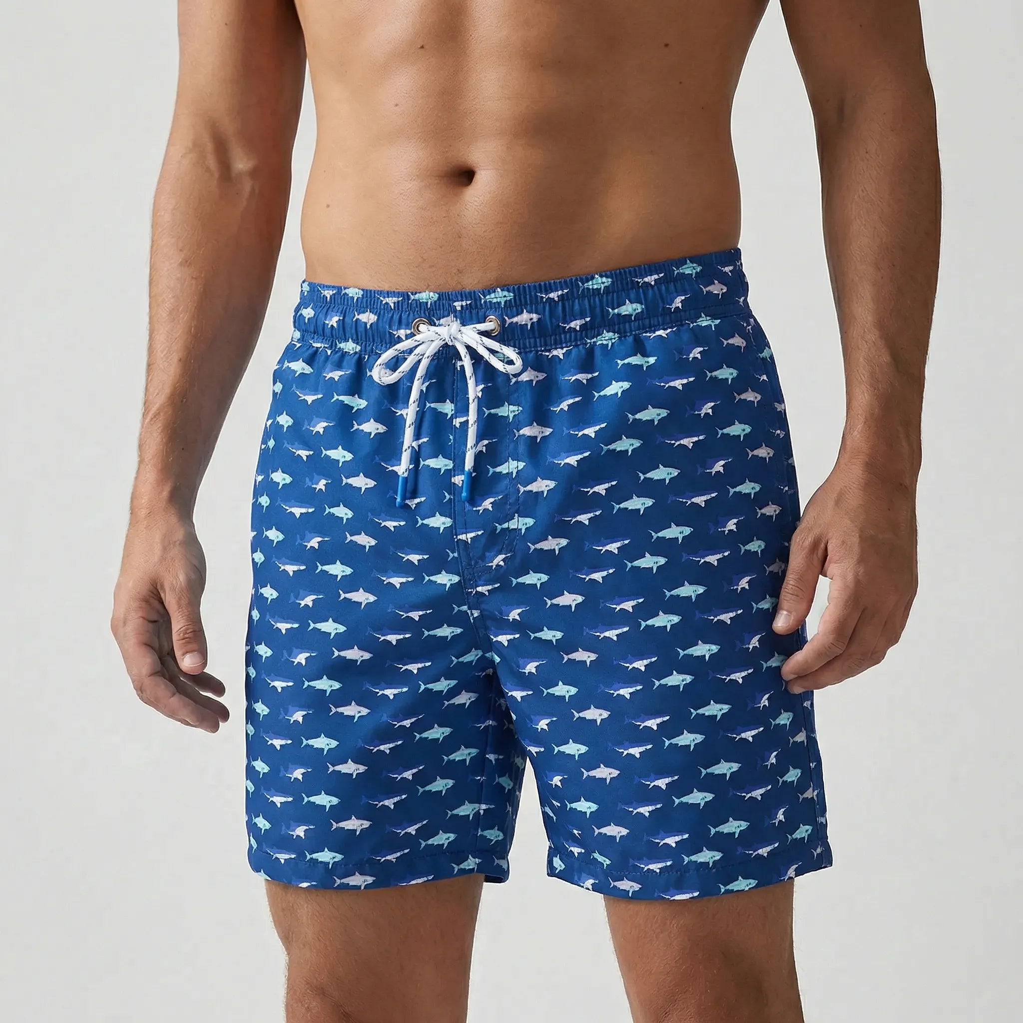 Men's short swim trunks with anchor print and adjustable drawstring