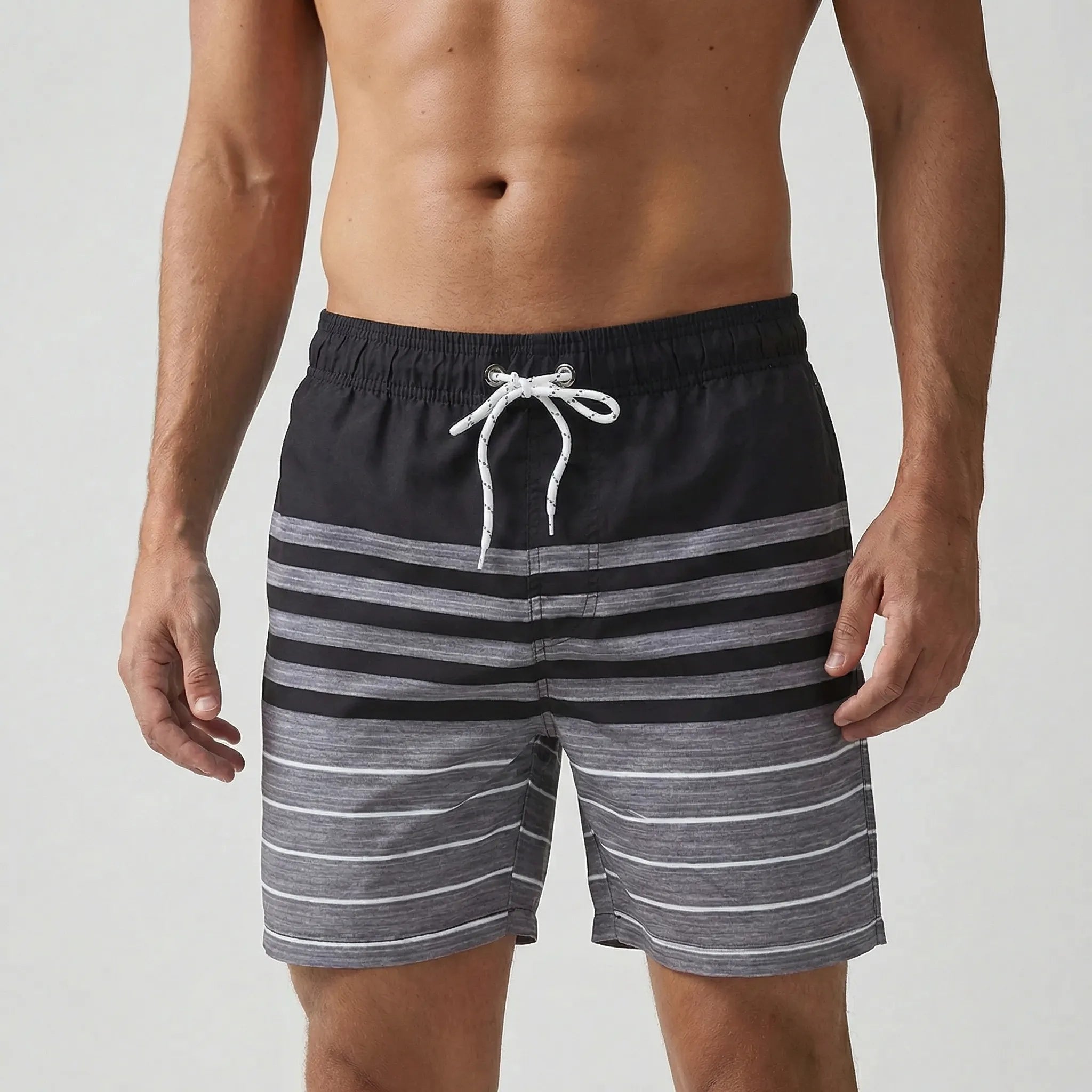 Men's short swim trunks with anchor print and adjustable drawstring