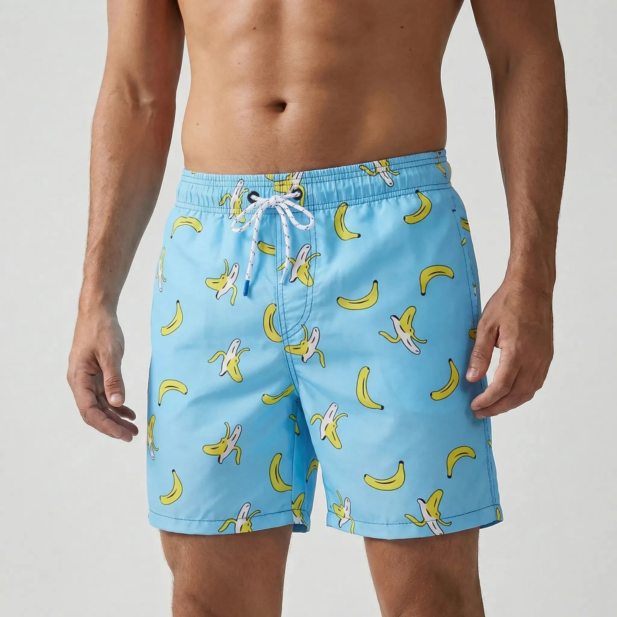 Men's short swim trunks with anchor print and adjustable drawstring