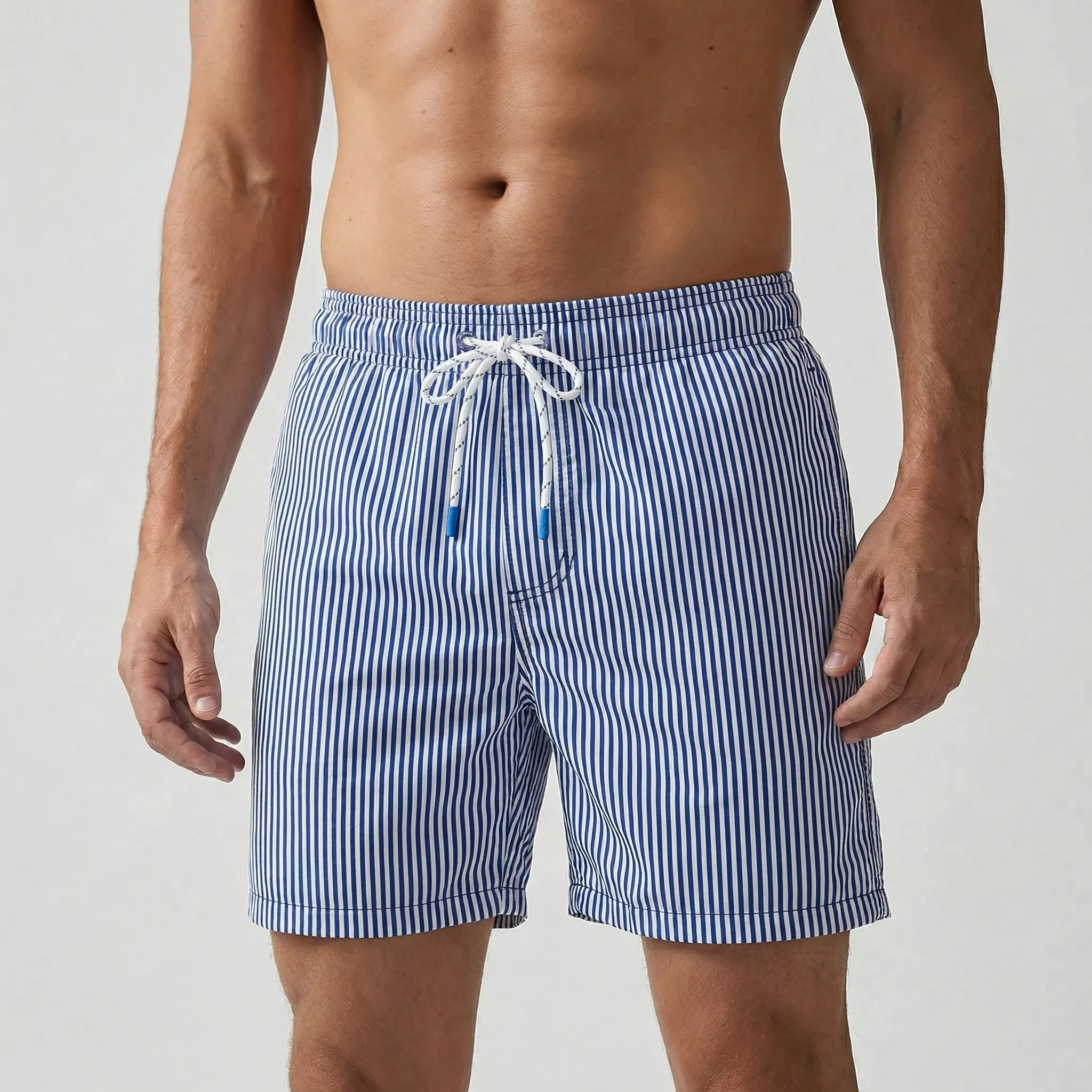 Men's short swim trunks with anchor print and adjustable drawstring