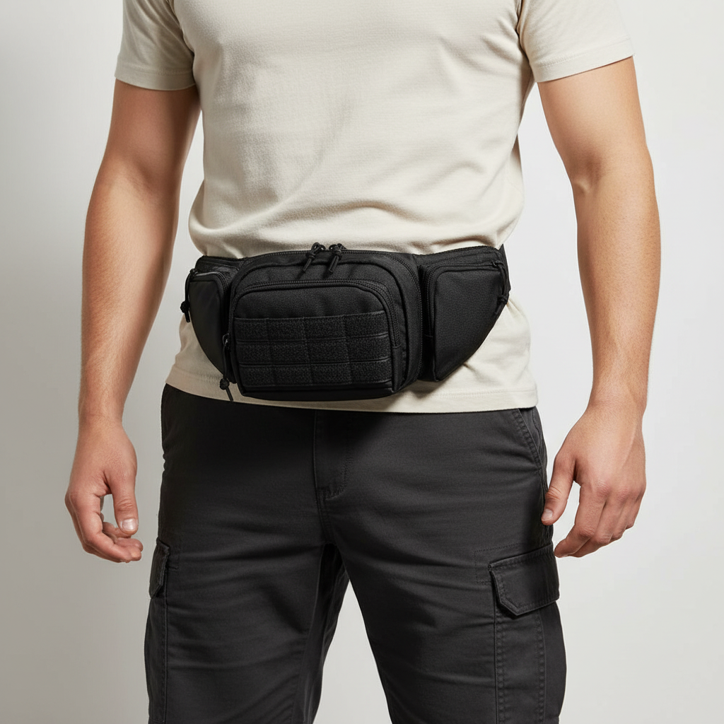 Crossbody sling tactical waist bag with MOLLE webbing and organized compartments