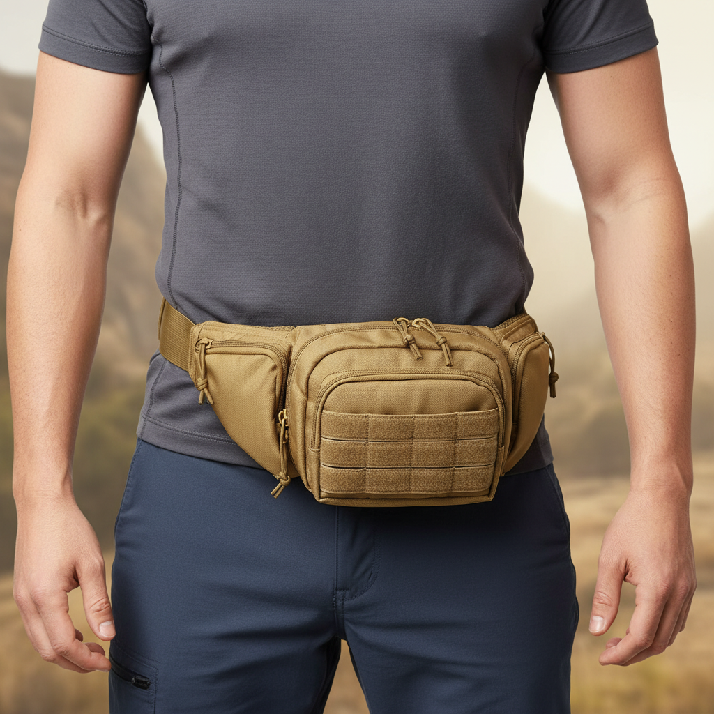 Crossbody sling tactical waist bag with MOLLE webbing and organized compartments
