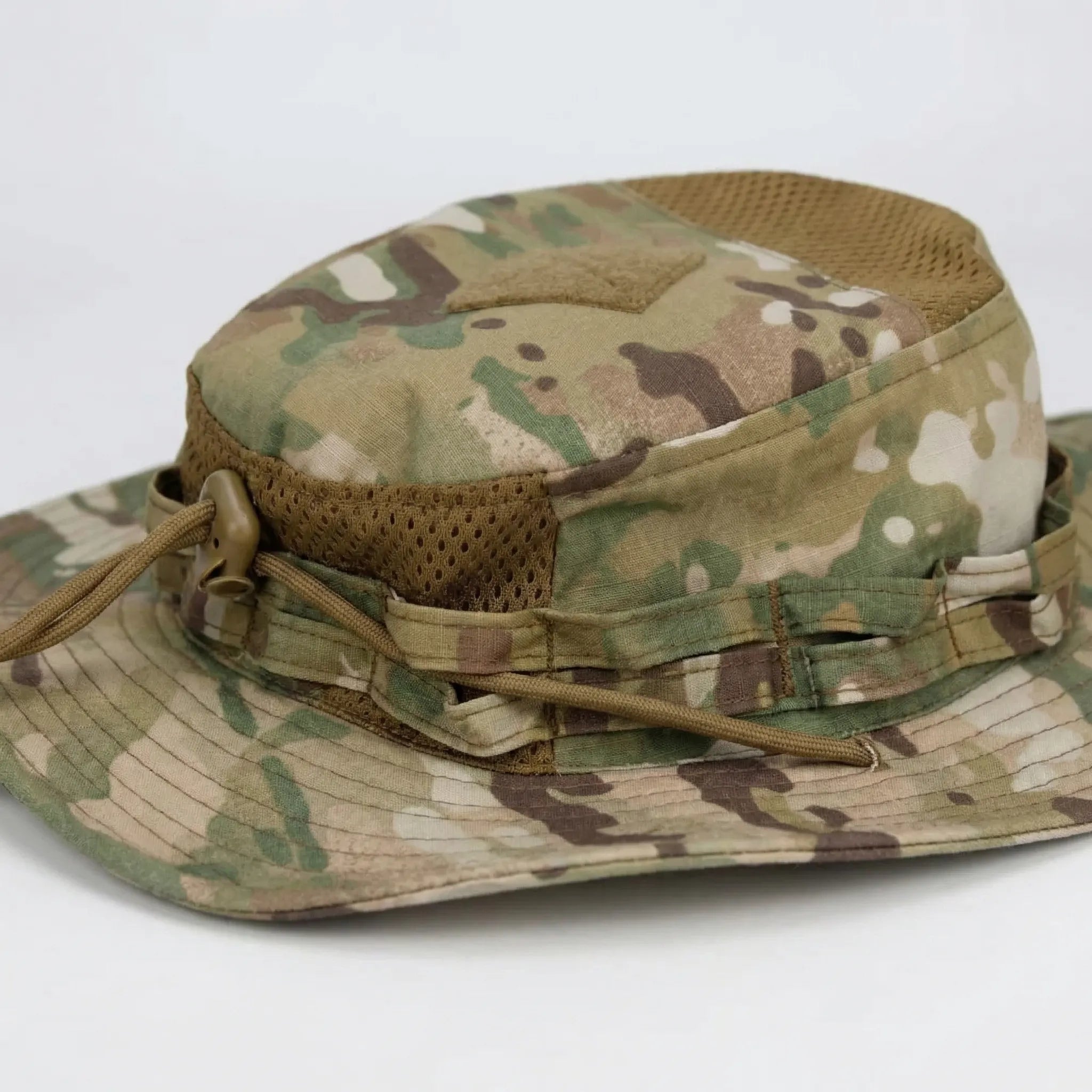 Wide-brim tactical boonie hat with mesh ventilation and adjustable chin cord
