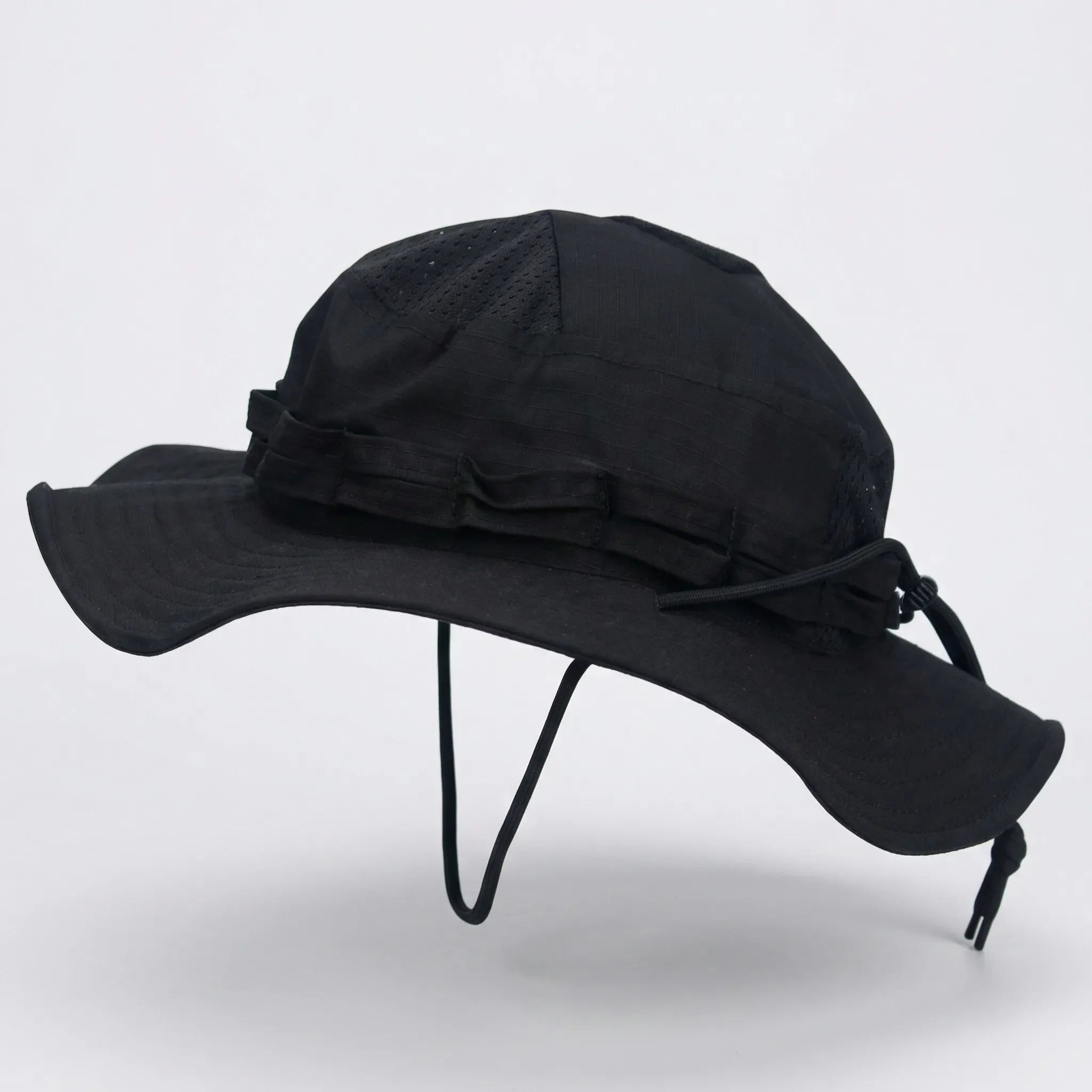 Wide-brim tactical boonie hat with mesh ventilation and adjustable chin cord