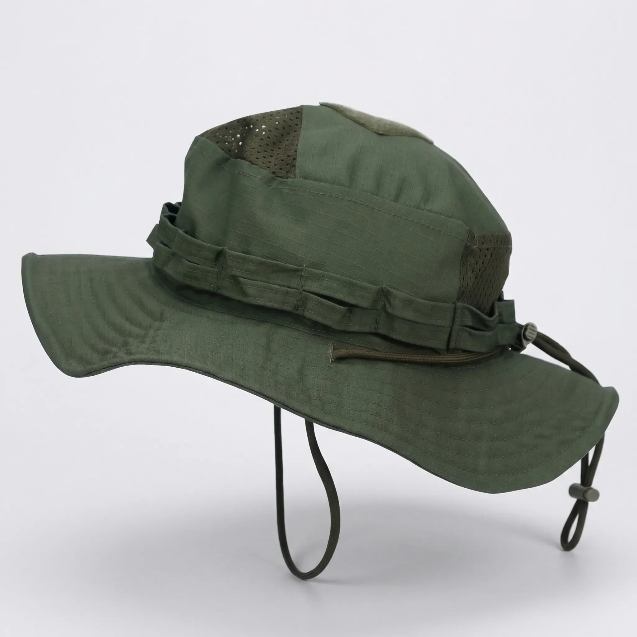 Wide-brim tactical boonie hat with mesh ventilation and adjustable chin cord