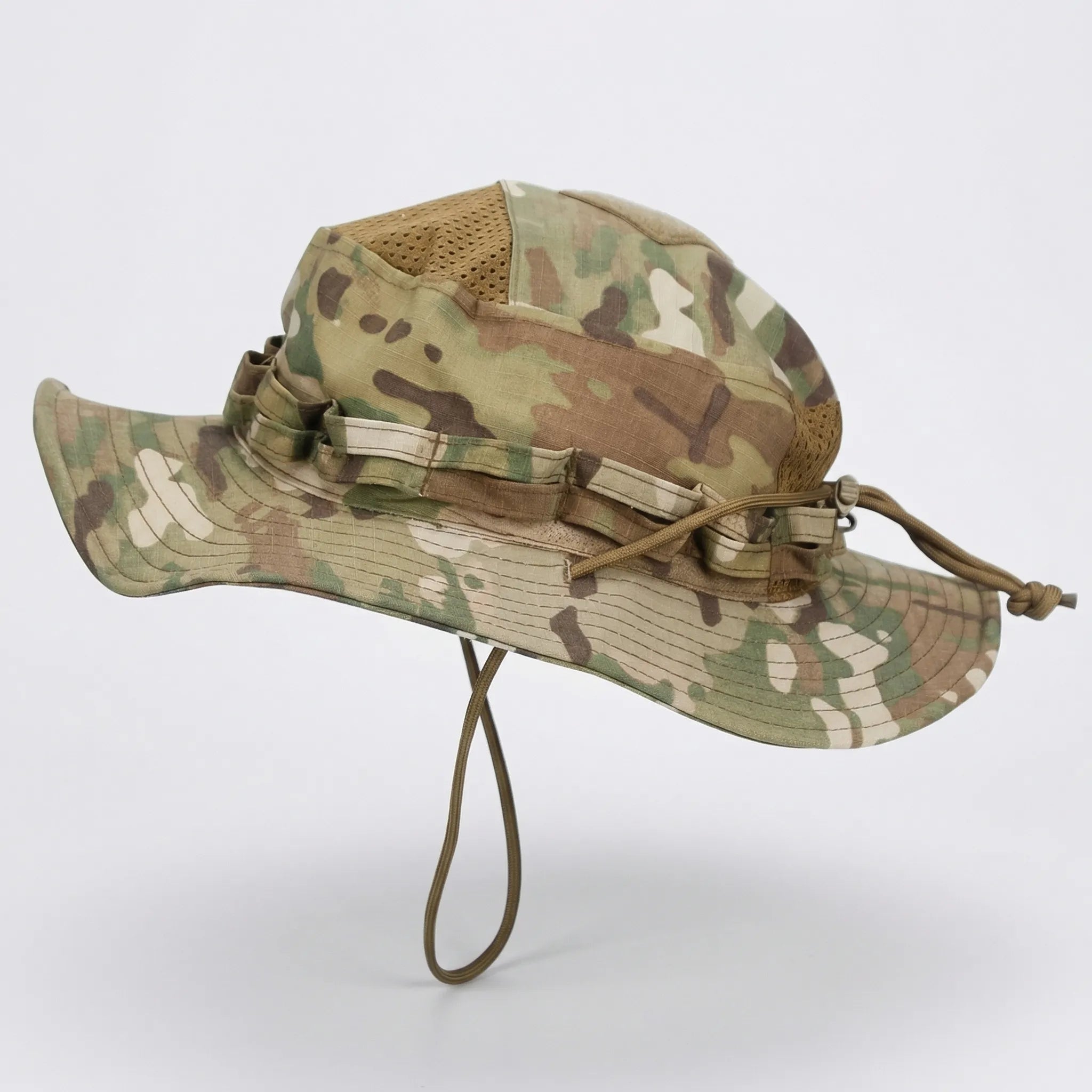 Wide-brim tactical boonie hat with mesh ventilation and adjustable chin cord