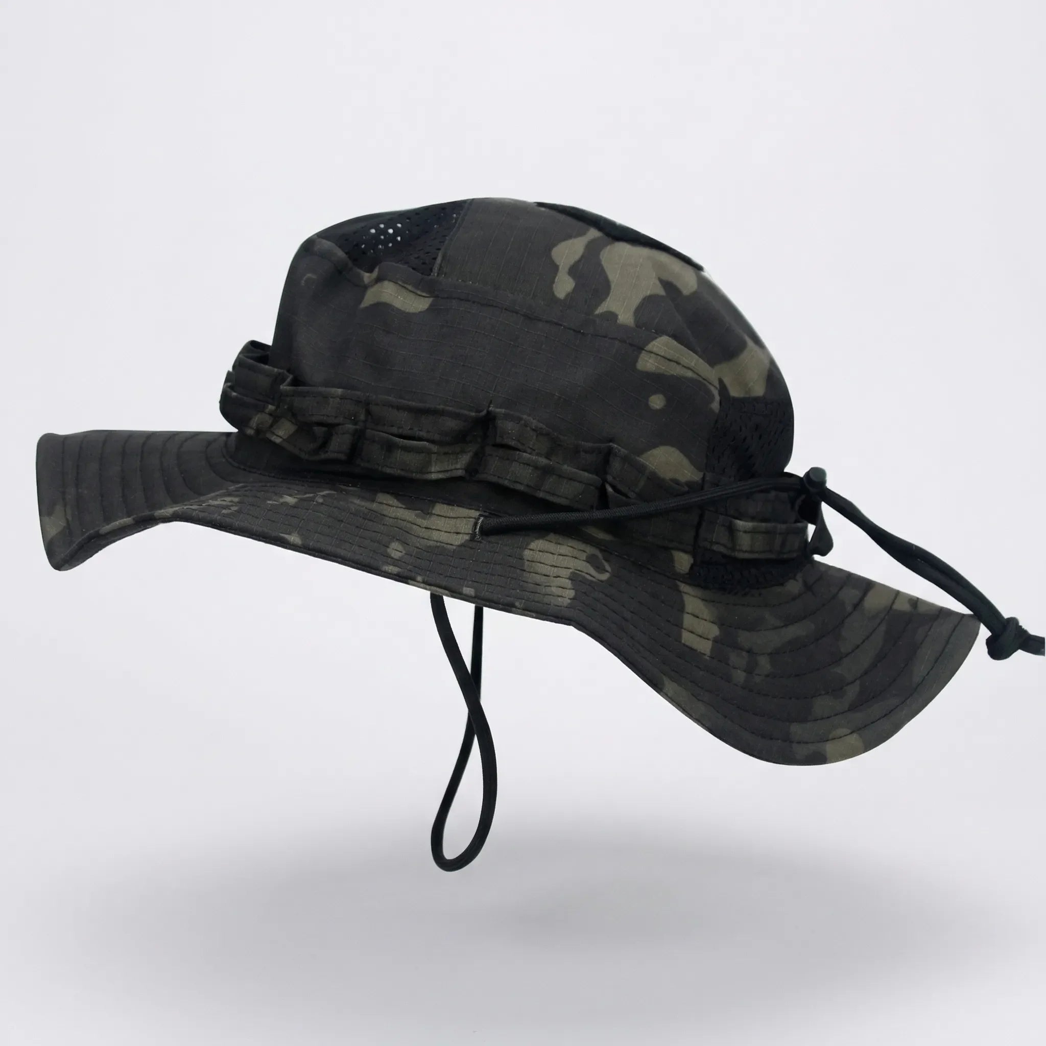 Wide-brim tactical boonie hat with mesh ventilation and adjustable chin cord
