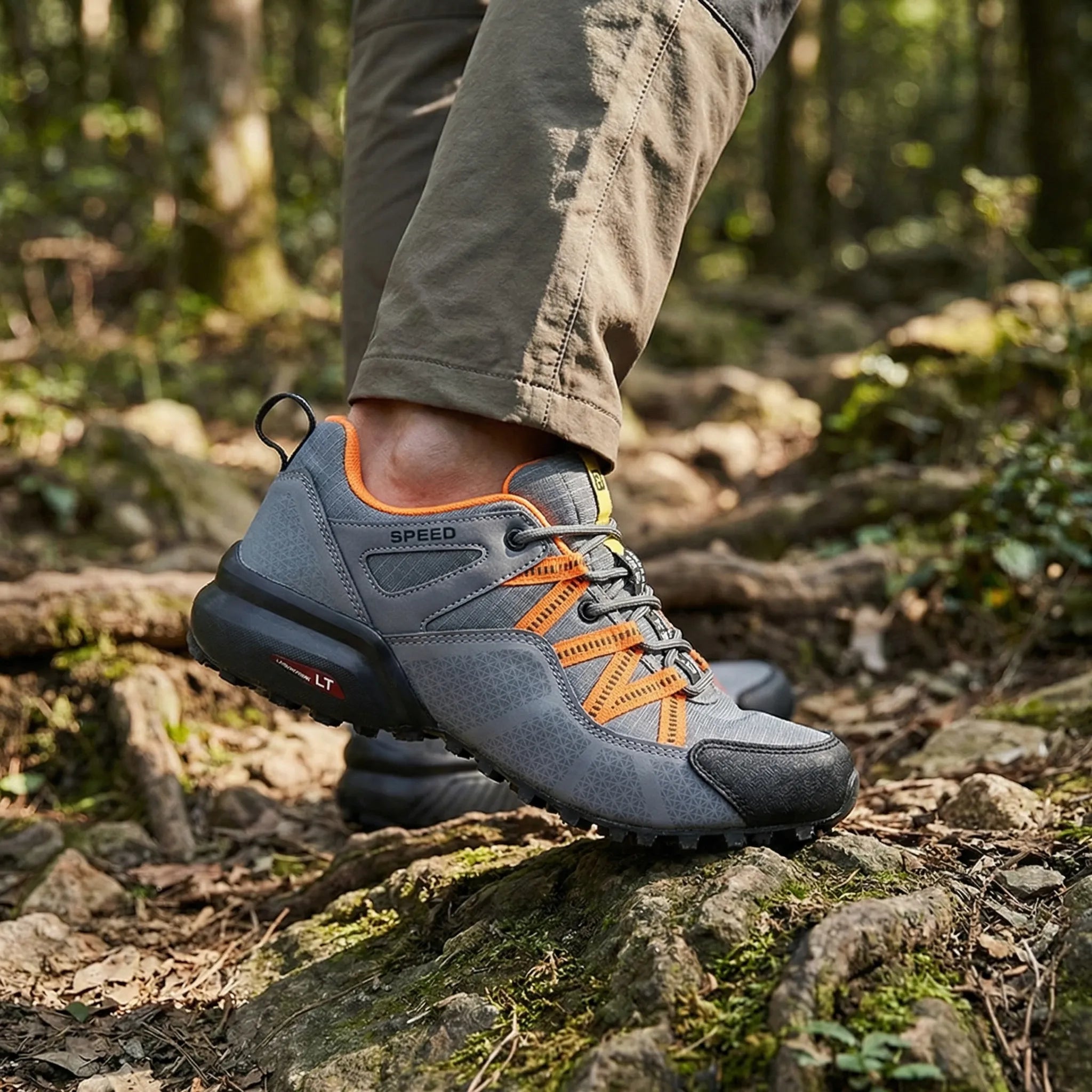 Men's outdoor sneaker with multi-terrain lugged sole and reinforced toe cap