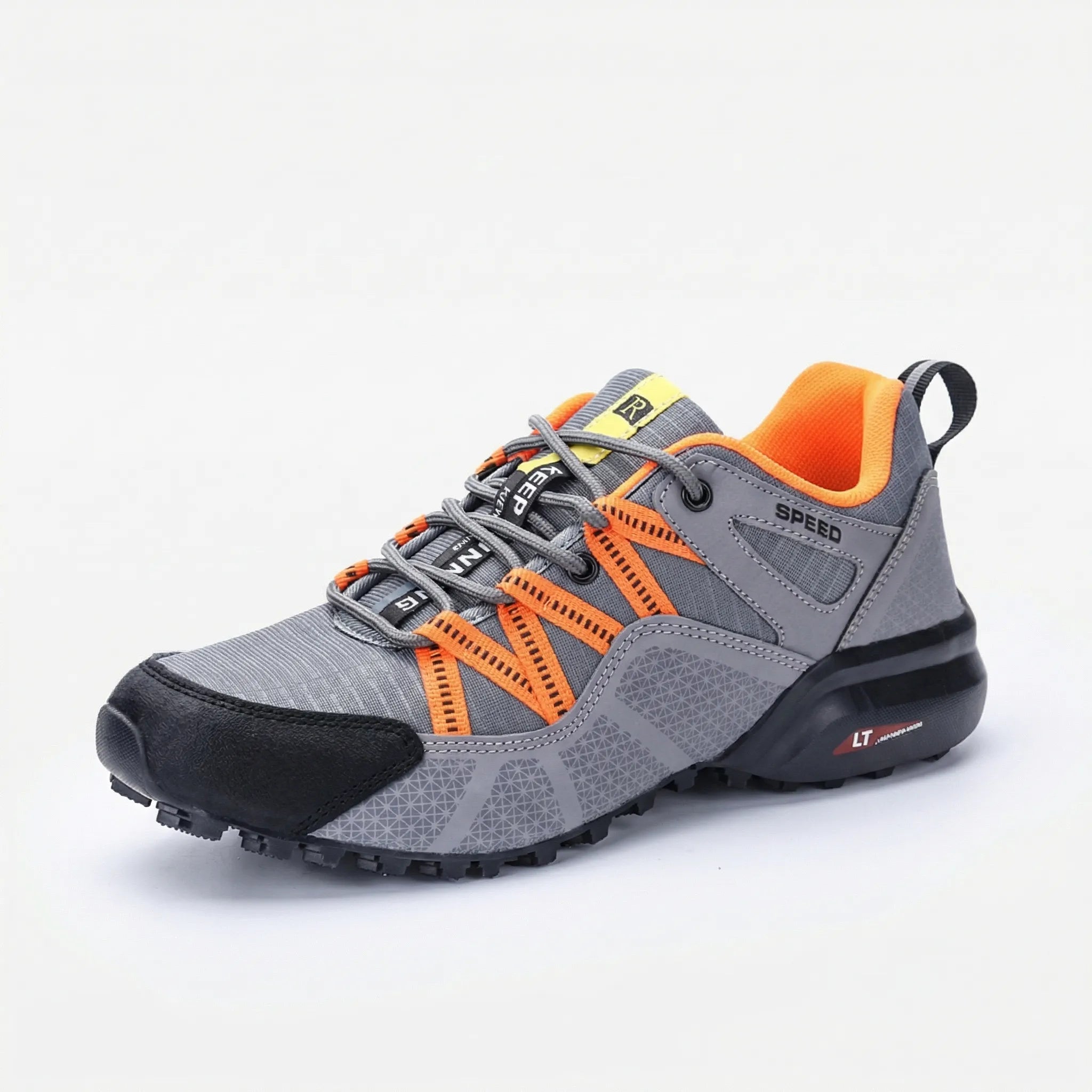 Men's outdoor sneaker with multi-terrain lugged sole and reinforced toe cap