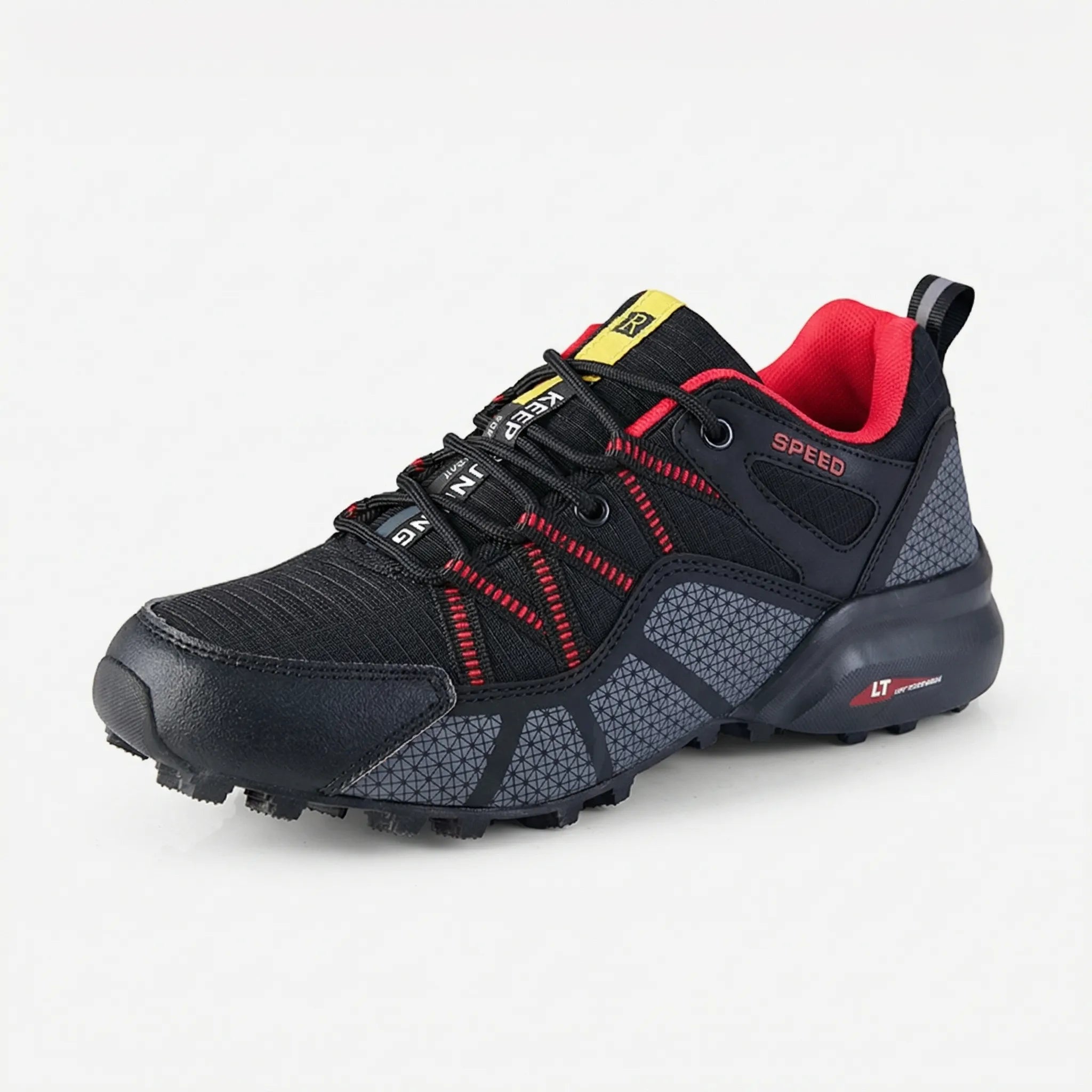 Men's outdoor sneaker with multi-terrain lugged sole and reinforced toe cap
