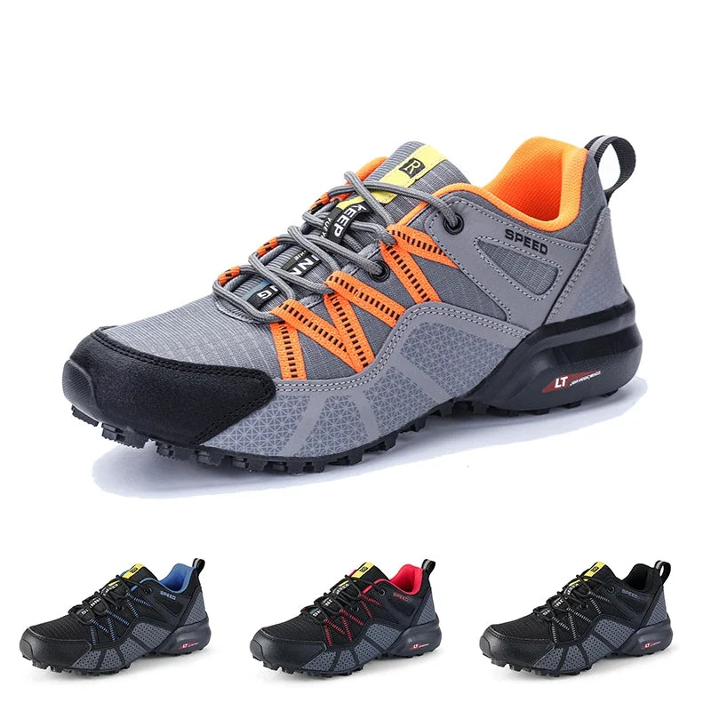 Men's outdoor sneaker with multi-terrain lugged sole and reinforced toe cap