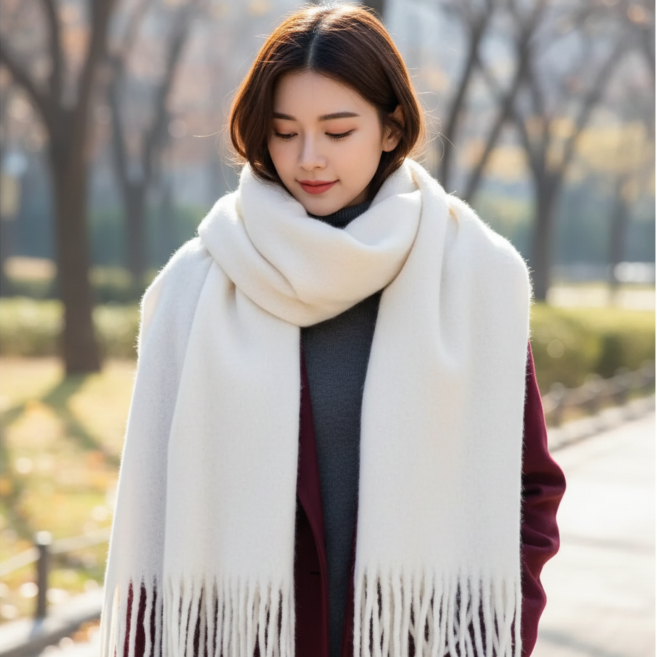 Oversized wool blanket scarf with tassels for winter warmth