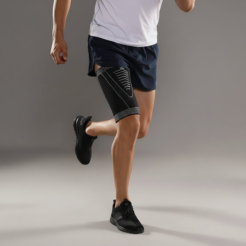 Breathable thigh compression sleeve with non-slip design for sports support