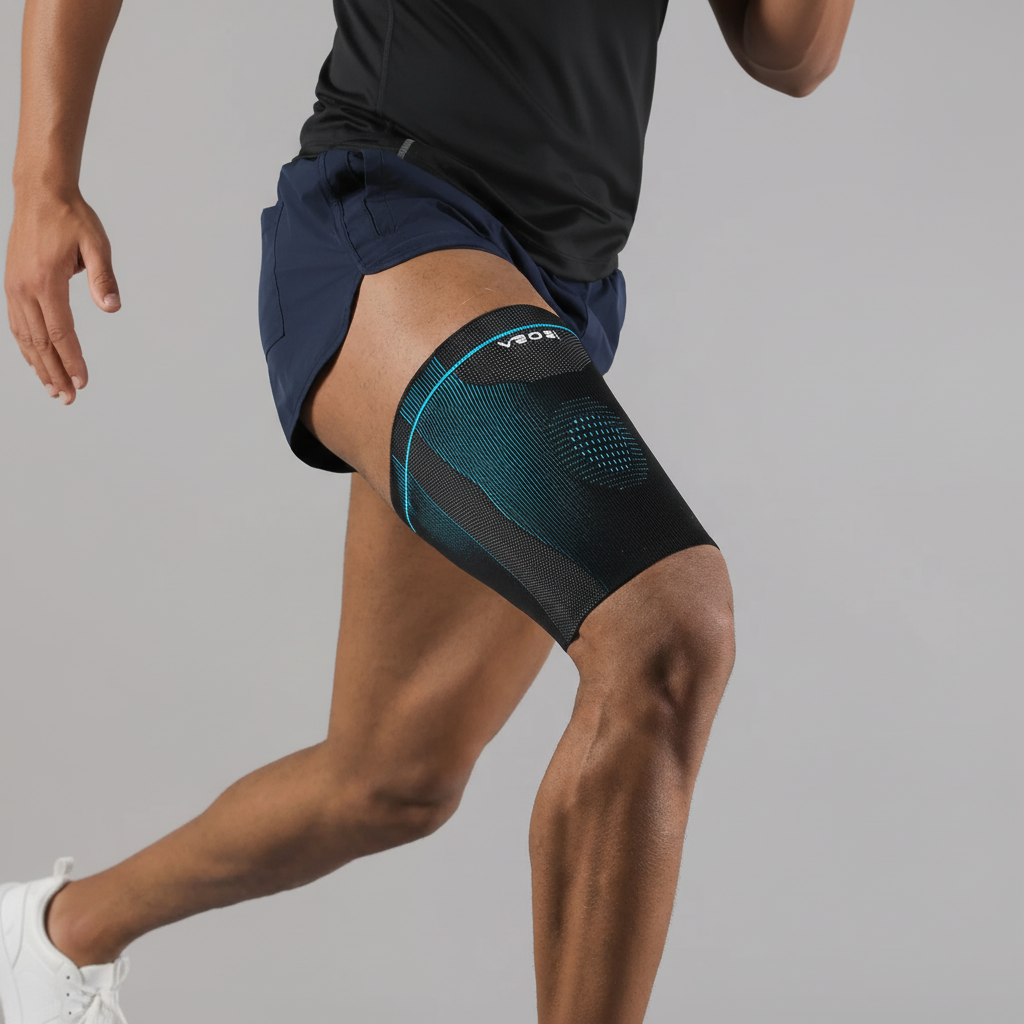 Non-slip compression thigh sleeve with breathable knit fabric for athletic support
