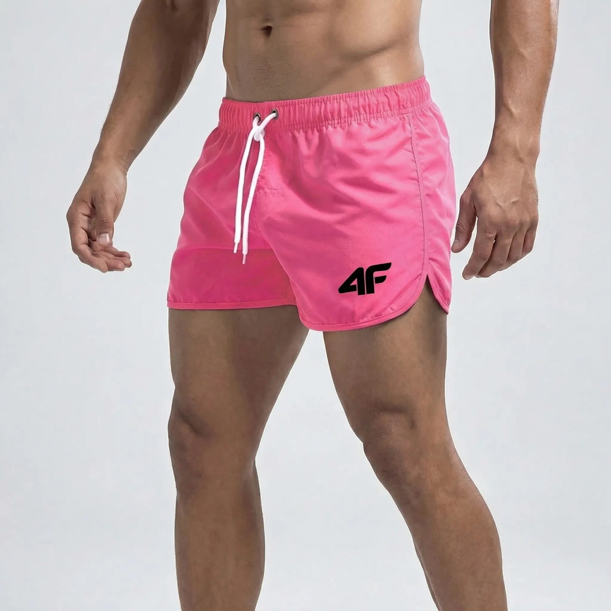 Men's short length swim trunks with quick dry fabric and side pockets