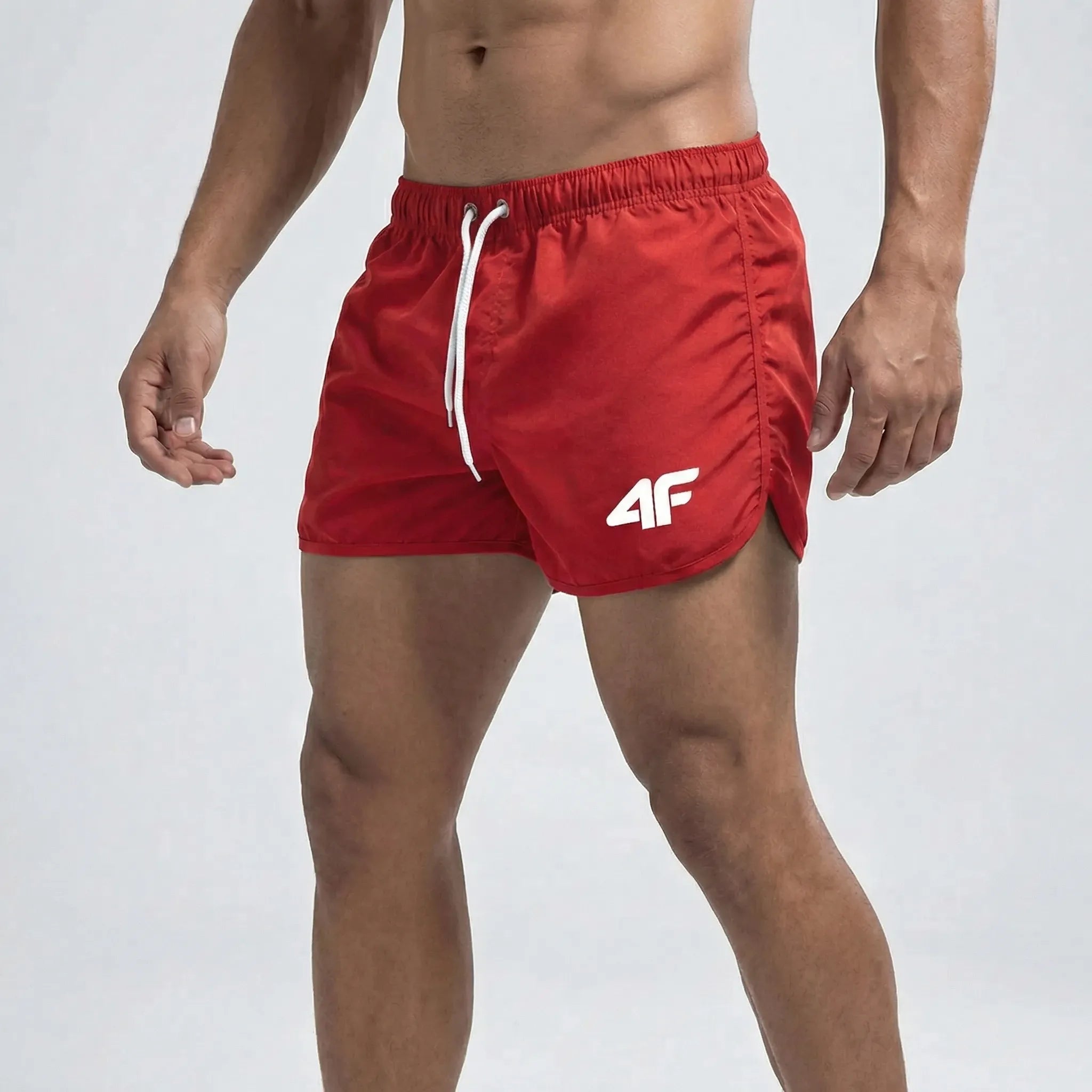 Men's short length swim trunks with quick dry fabric and side pockets