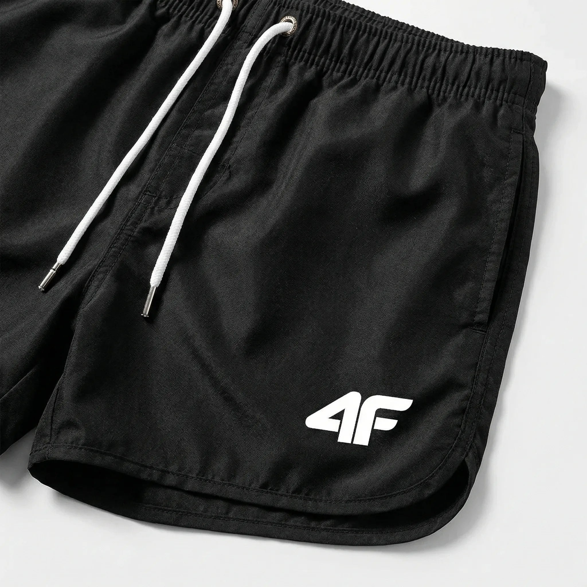 Men's short length swim trunks with quick dry fabric and side pockets