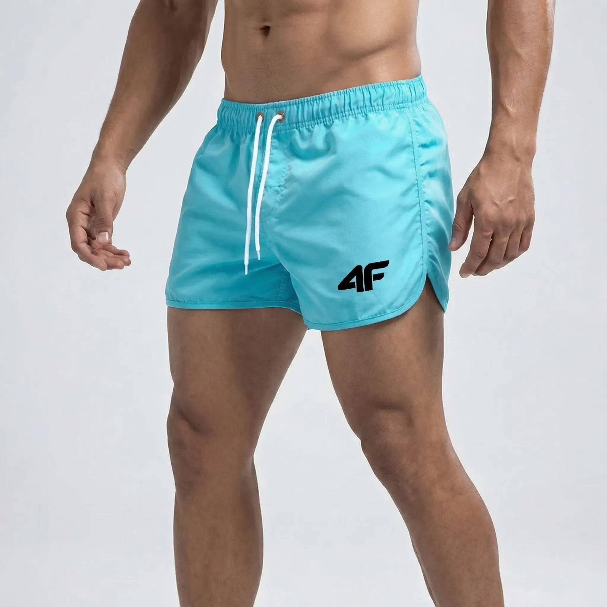 Men's short length swim trunks with quick dry fabric and side pockets