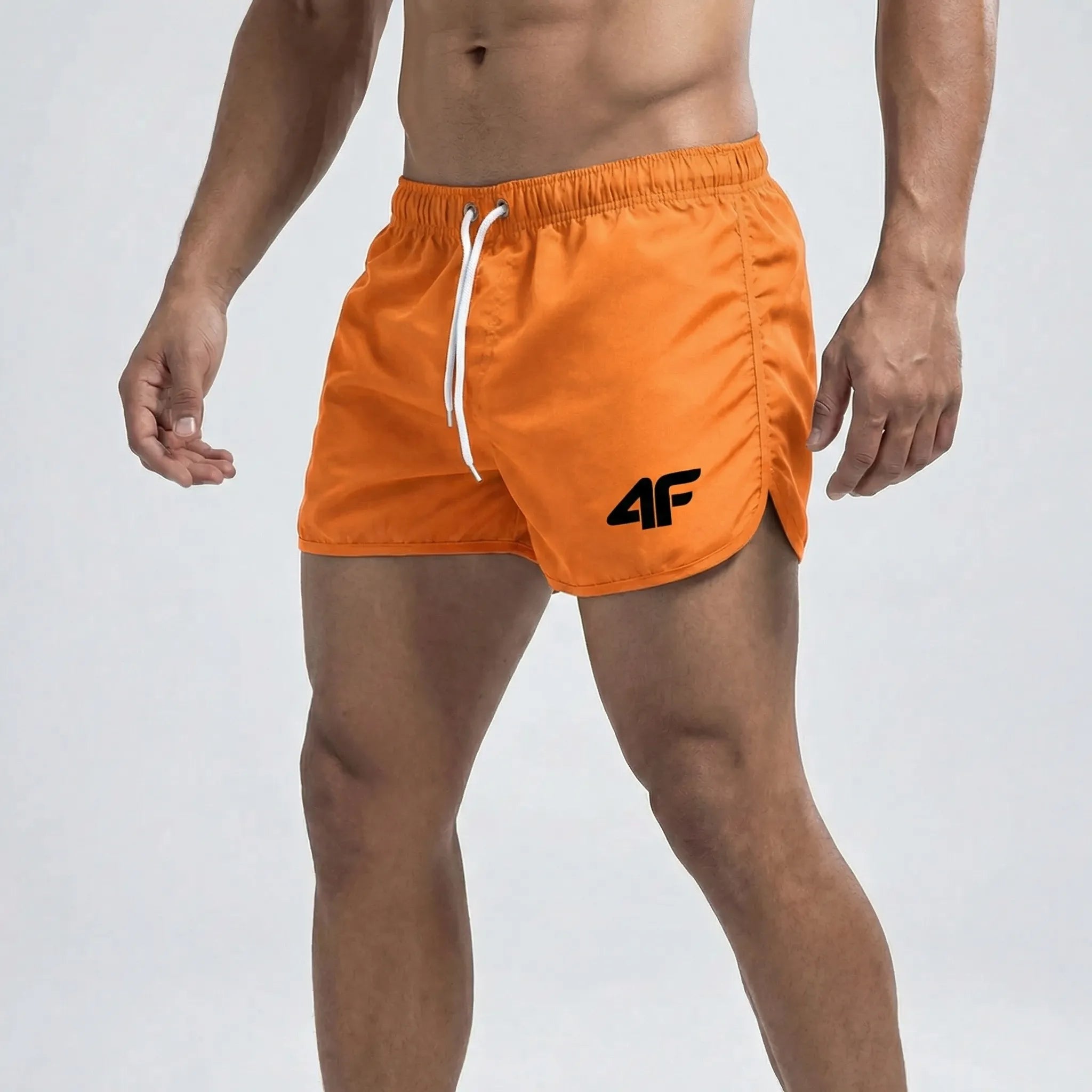 Men's short length swim trunks with quick dry fabric and side pockets