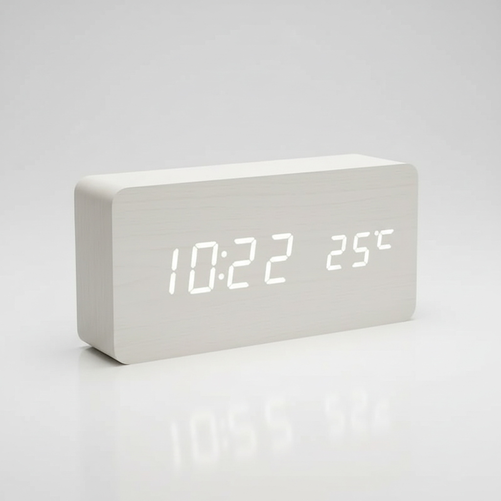 Digital alarm clock with wooden finish and LED display showing time and temperature