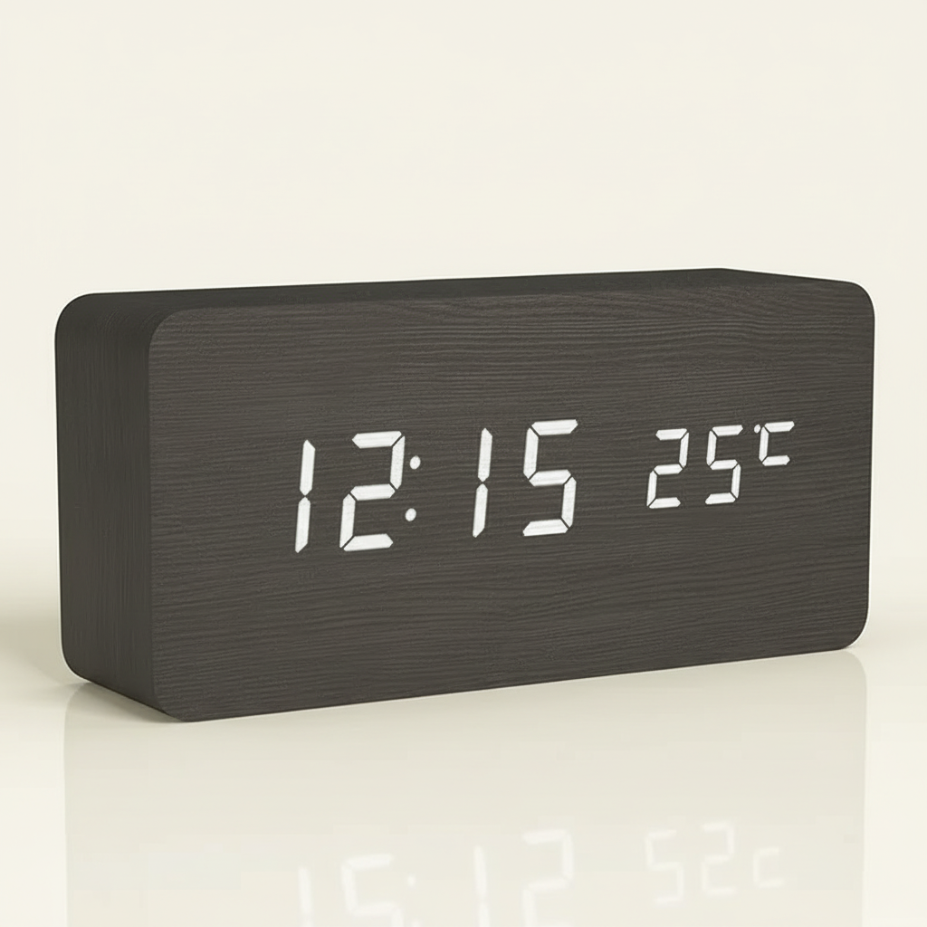 Digital alarm clock with wooden finish and LED display showing time and temperature