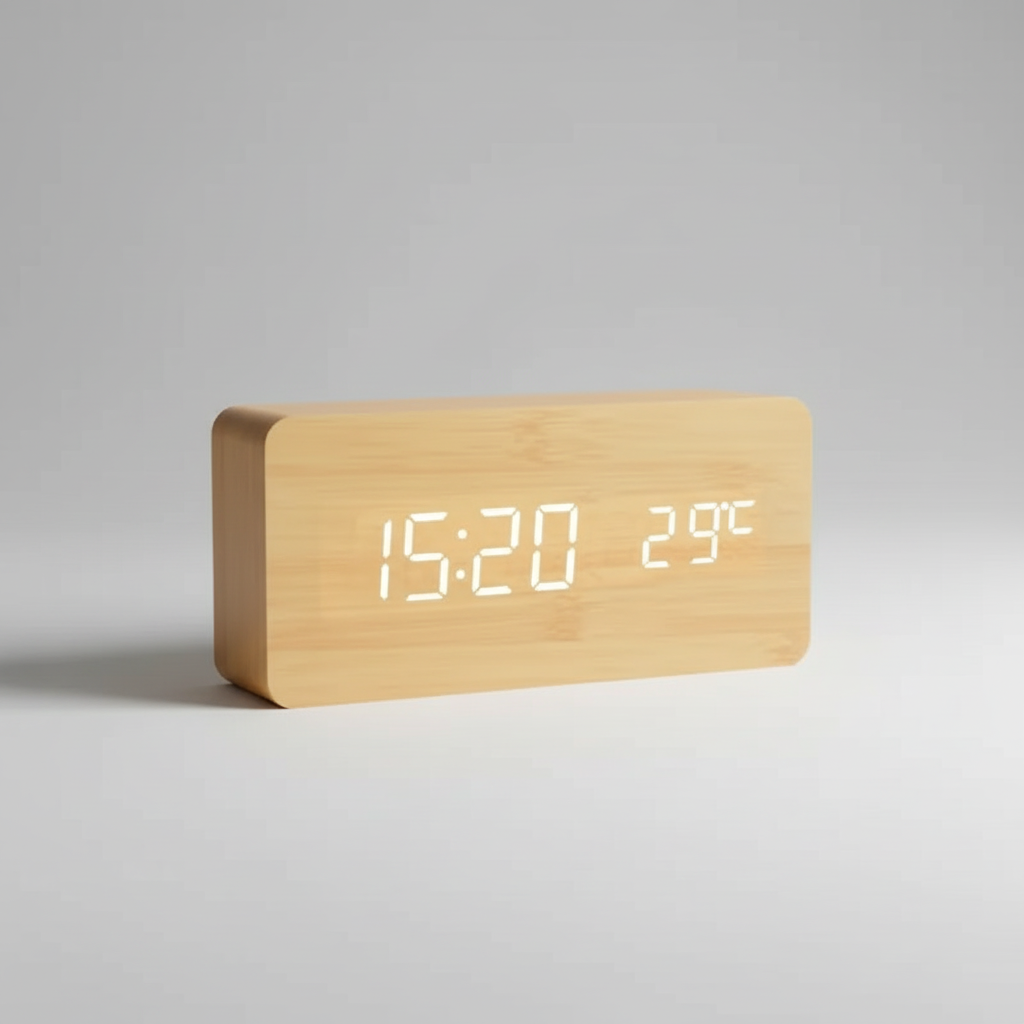 Digital alarm clock with wooden finish and LED display showing time and temperature