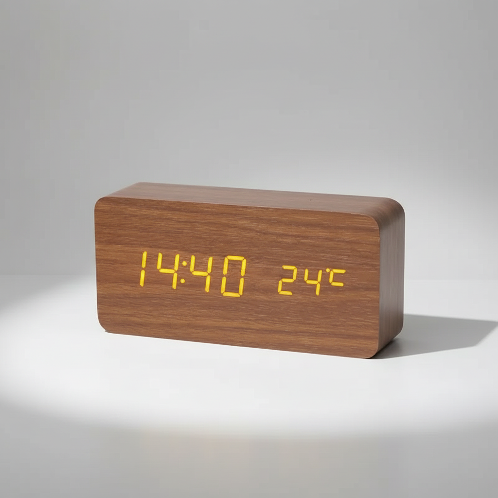 Digital alarm clock with wooden finish and LED display showing time and temperature