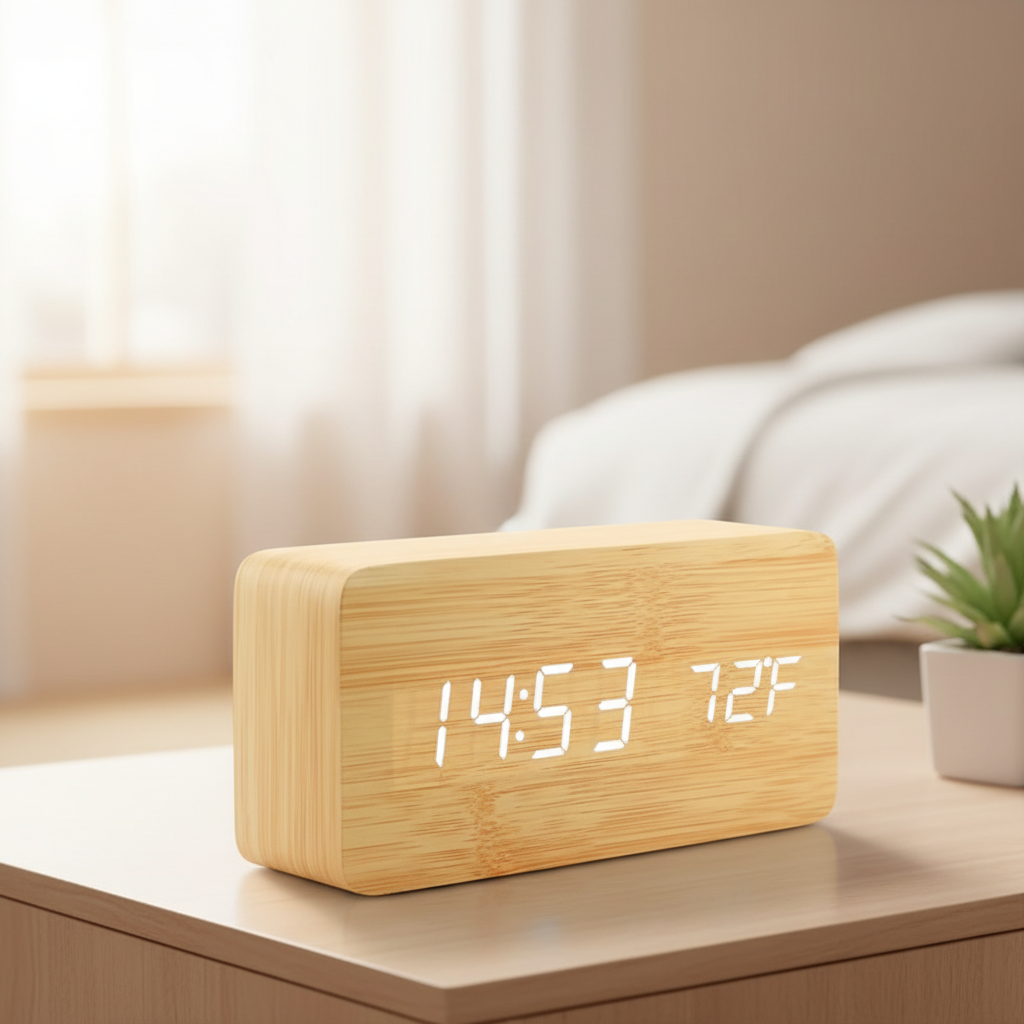 Digital alarm clock with wooden finish and LED display showing time and temperature