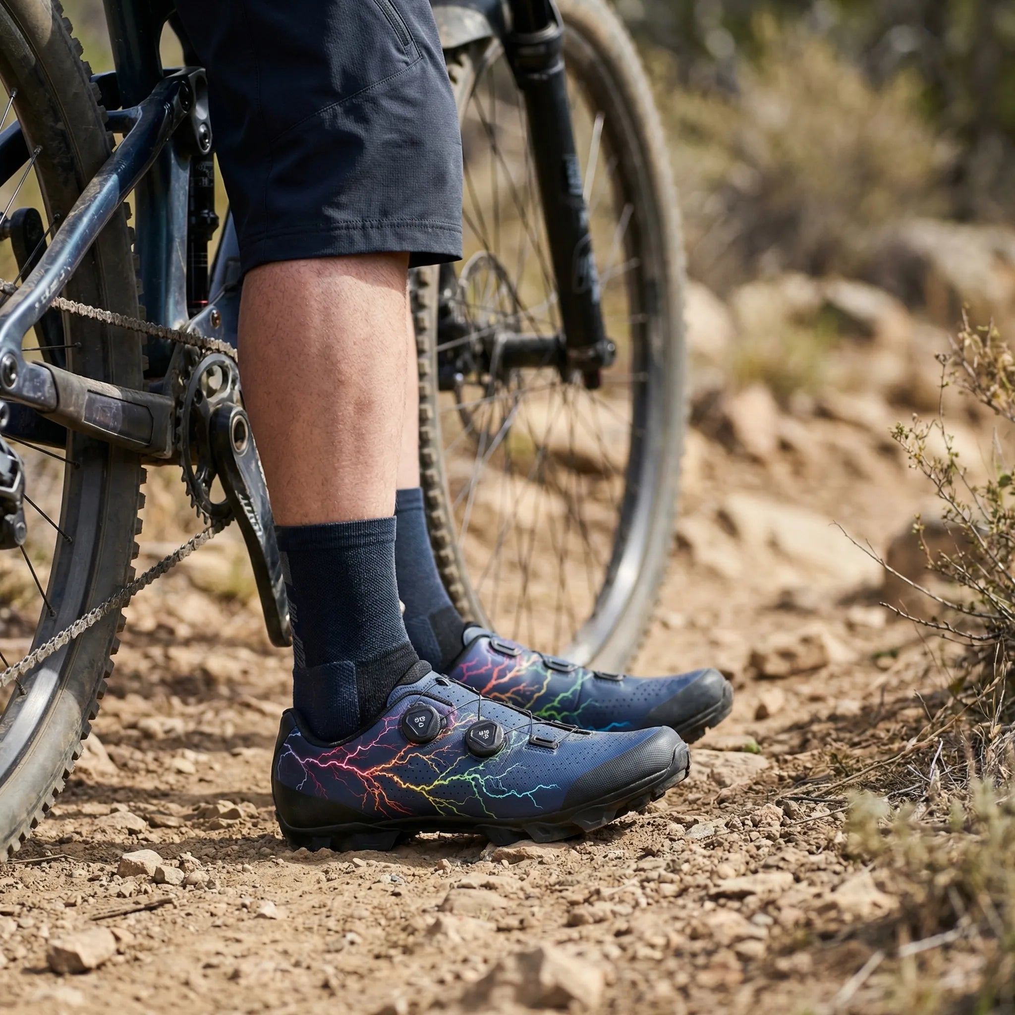 SPD cleat mountain bike cycling shoe with dual dial closure and lugged outsole