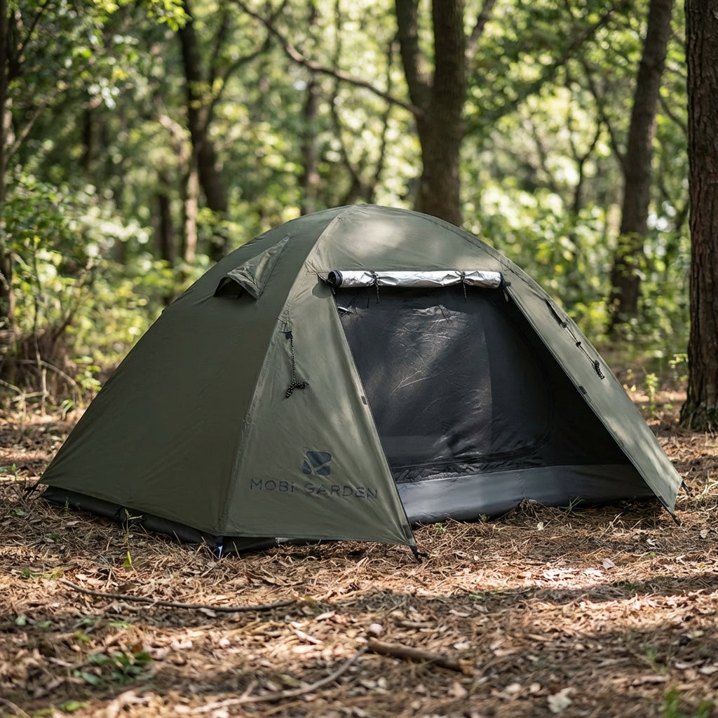Lightweight two-person dome tent with waterproof rain fly and sun protection
