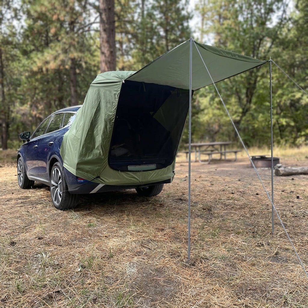 Rear tent for SUV hatchback with water-resistant awning for camping