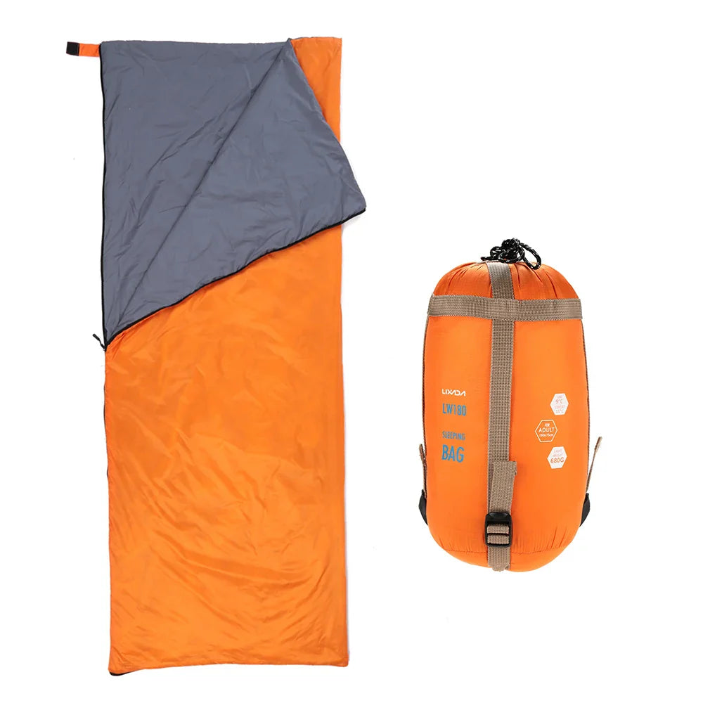 Ultralight envelope sleeping bag with compact carry pouch for camping and hiking