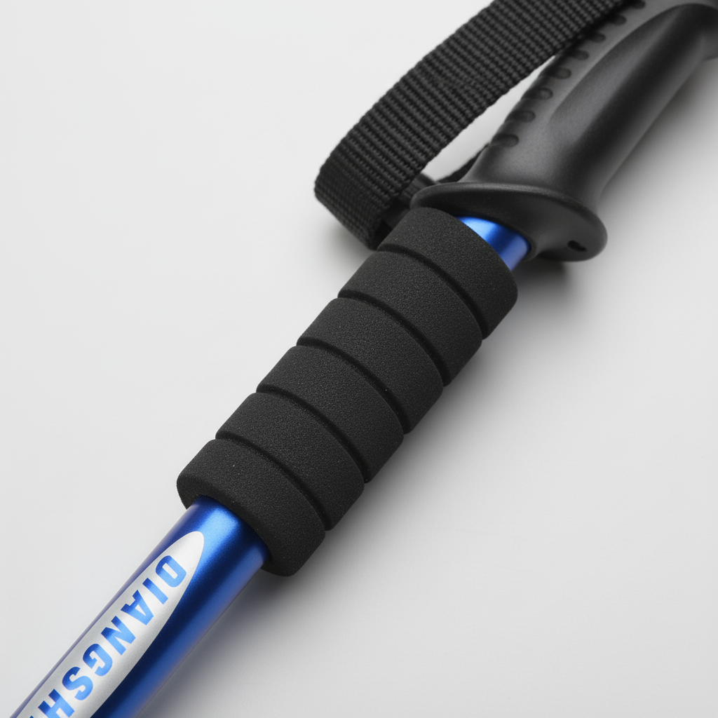 Foldable telescopic trekking pole with ergonomic T-handle and aluminum shaft