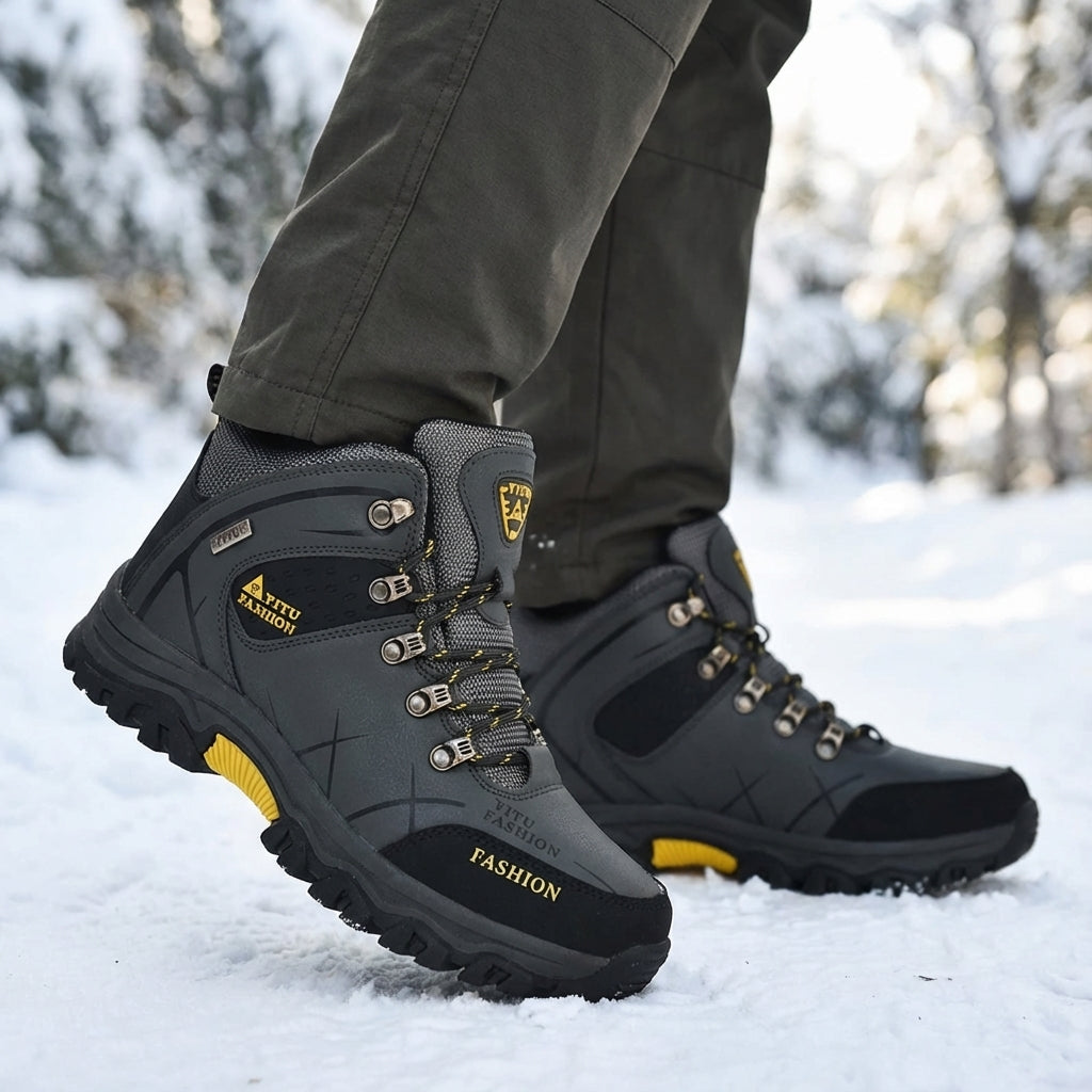 Men's waterproof winter snow boots with ankle support and warm plush lining