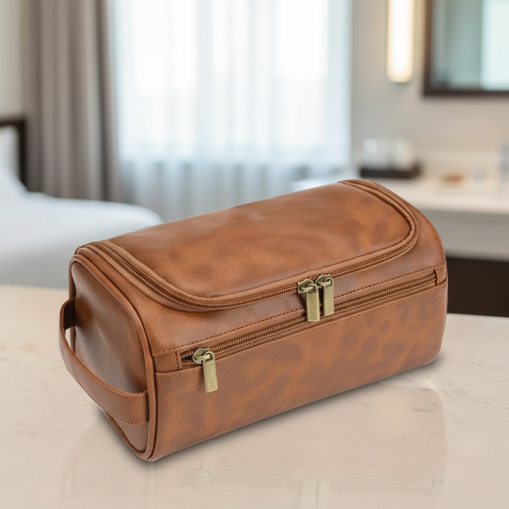 Vintage style travel toiletry bag with PU leather, hanging hook, and compartments