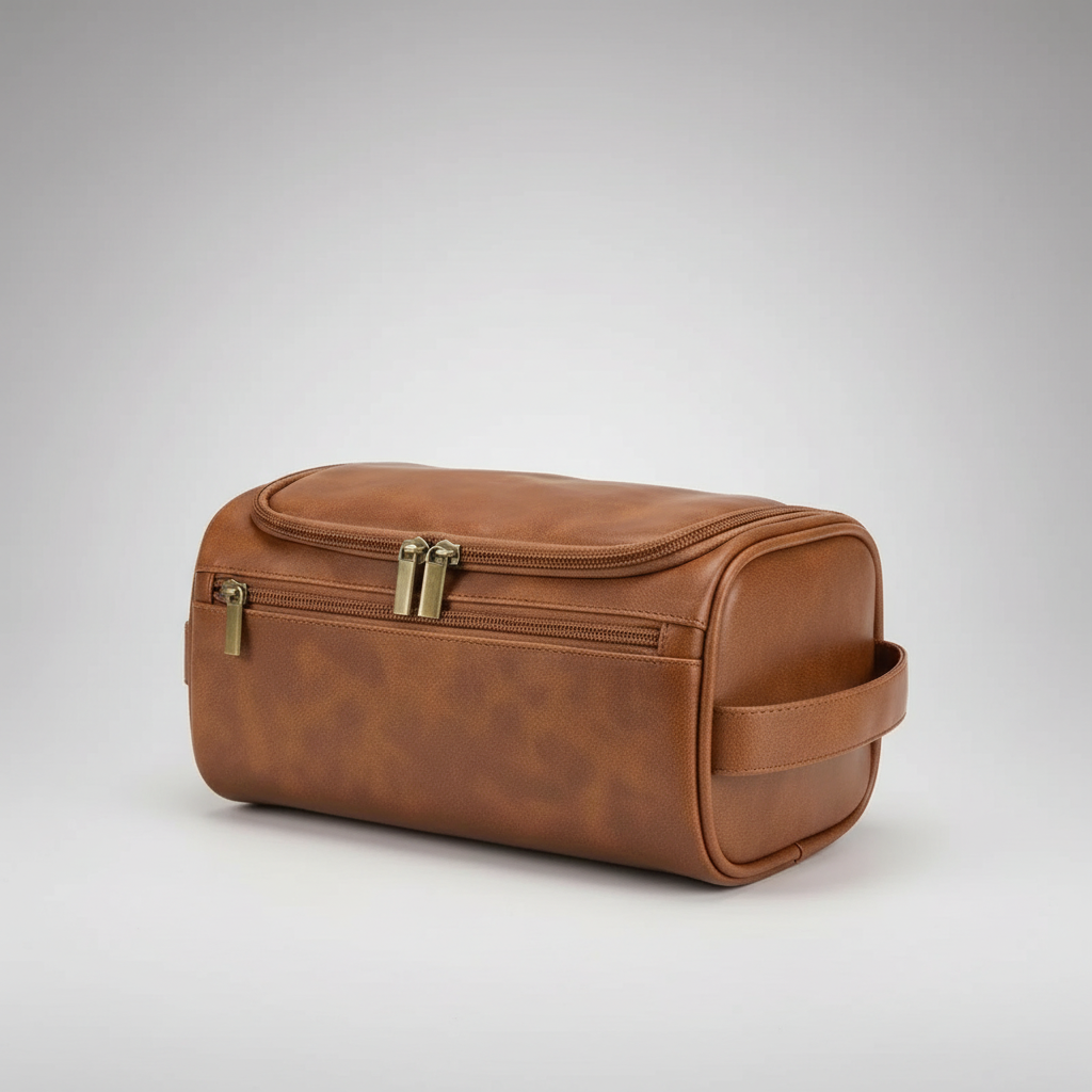 Vintage style travel toiletry bag with PU leather, hanging hook, and compartments