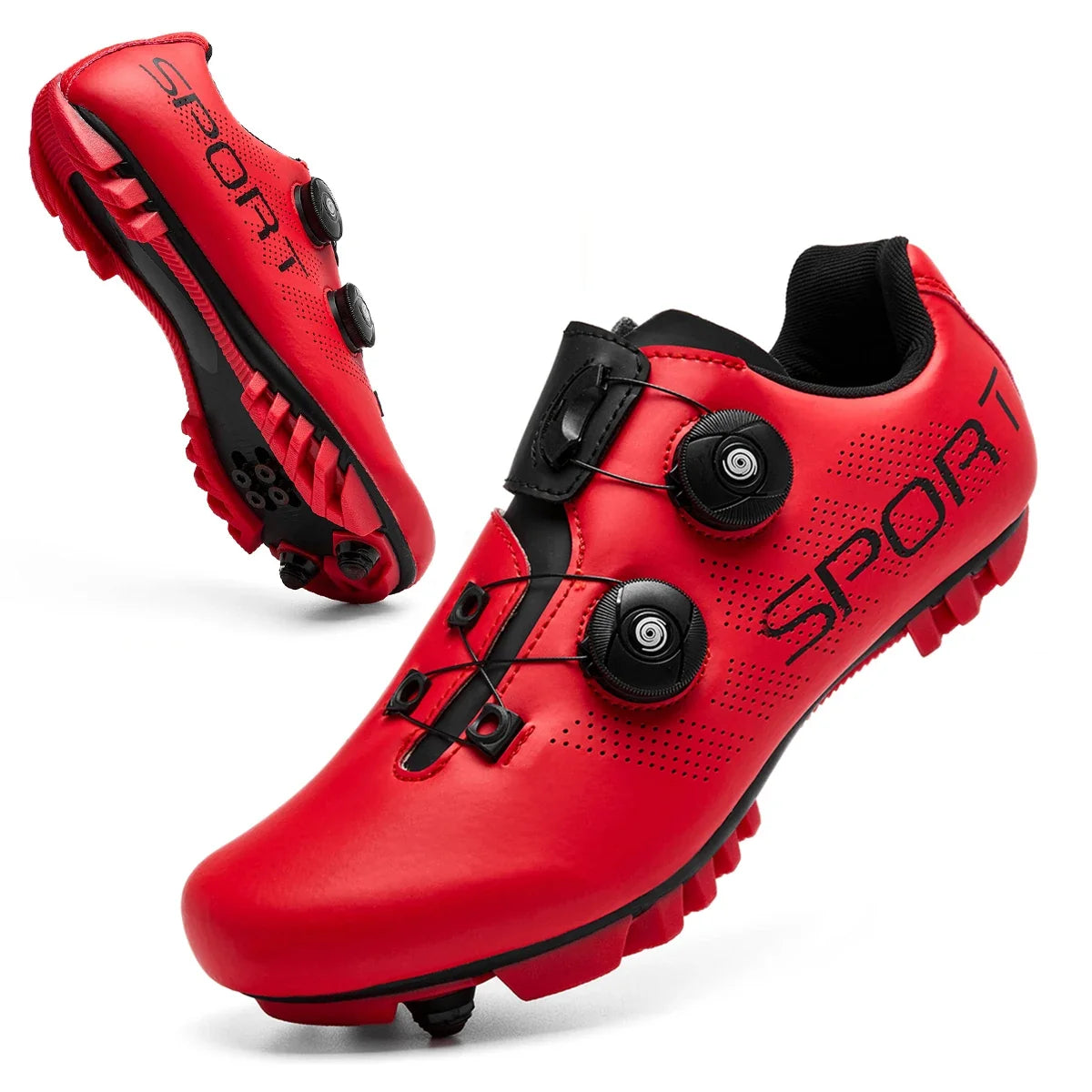 MTB cycling shoe with dual rotary dial closure and SPD cleat compatibility