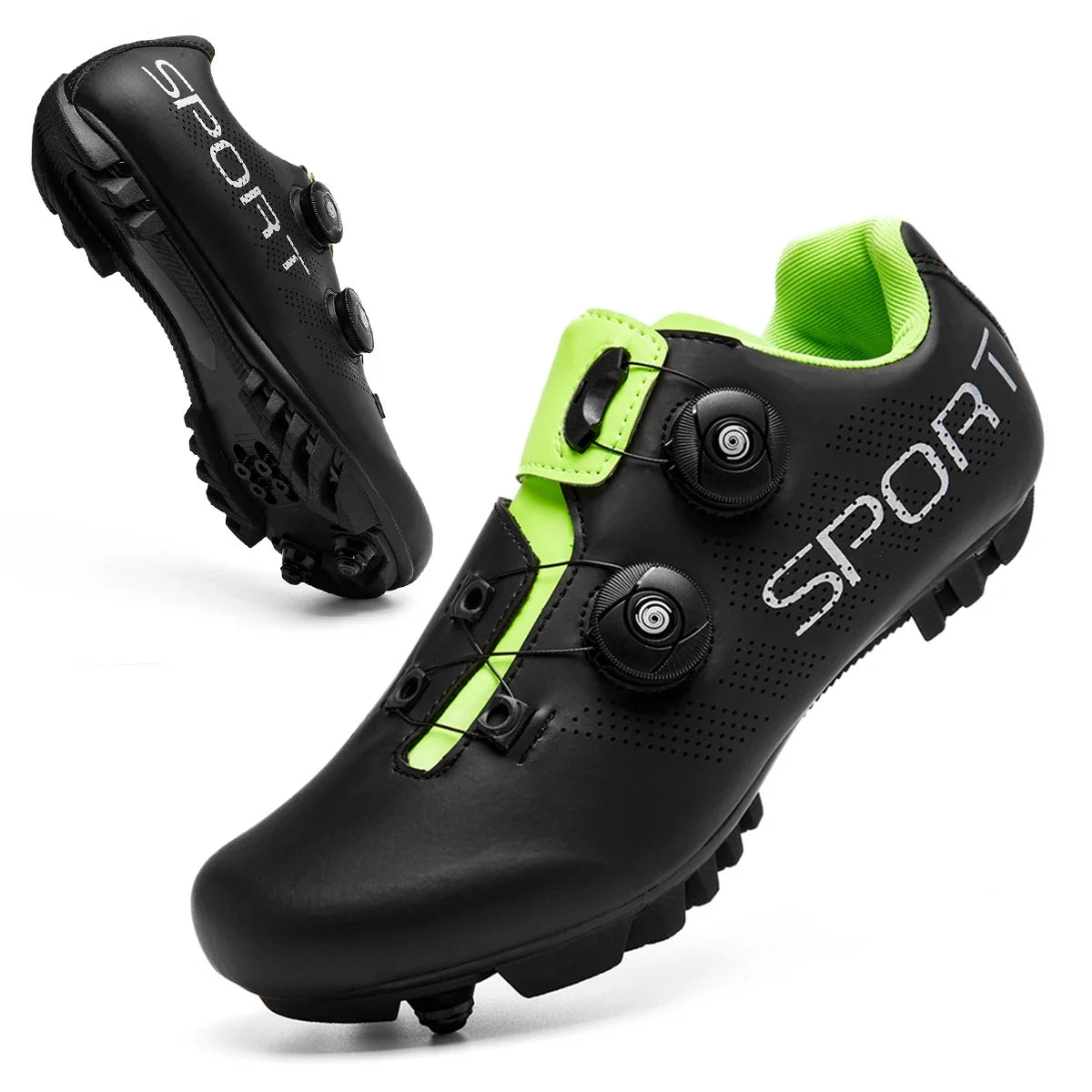 MTB cycling shoe with dual rotary dial closure and SPD cleat compatibility