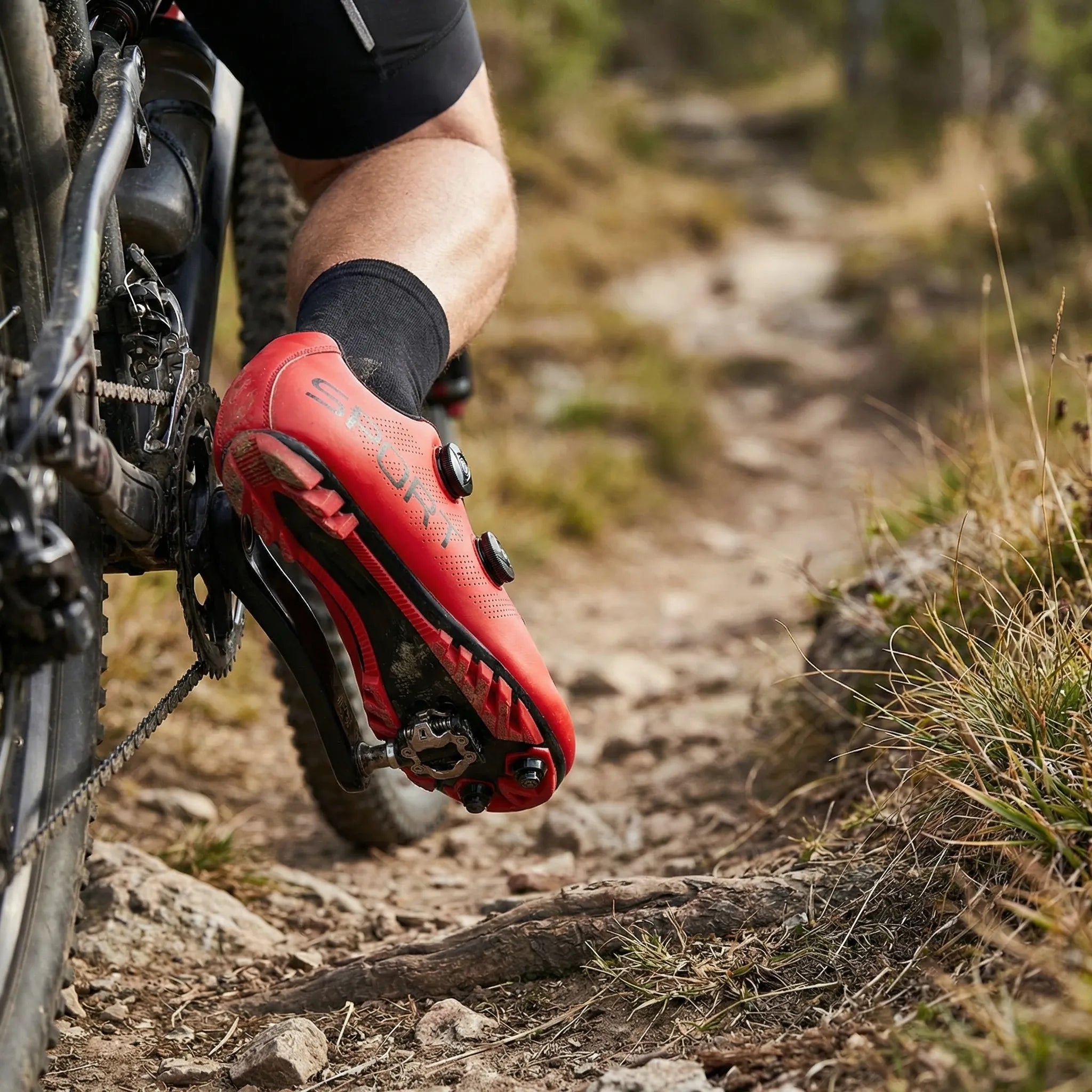 MTB cycling shoe with dual rotary dial closure and SPD cleat compatibility