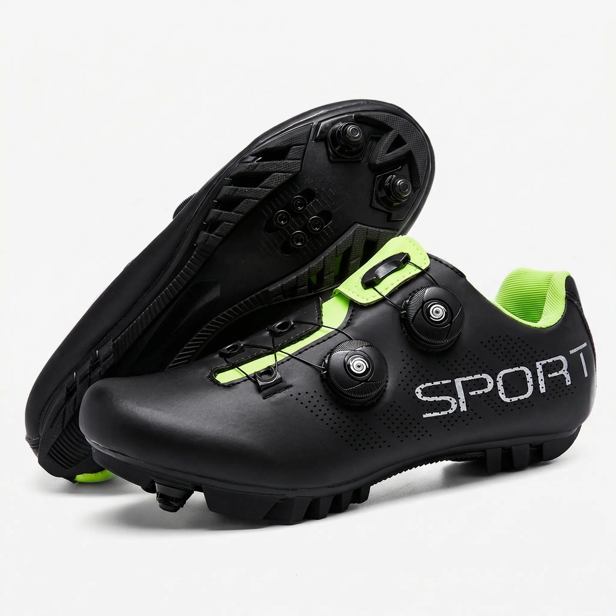 MTB cycling shoe with dual rotary dial closure and SPD cleat compatibility