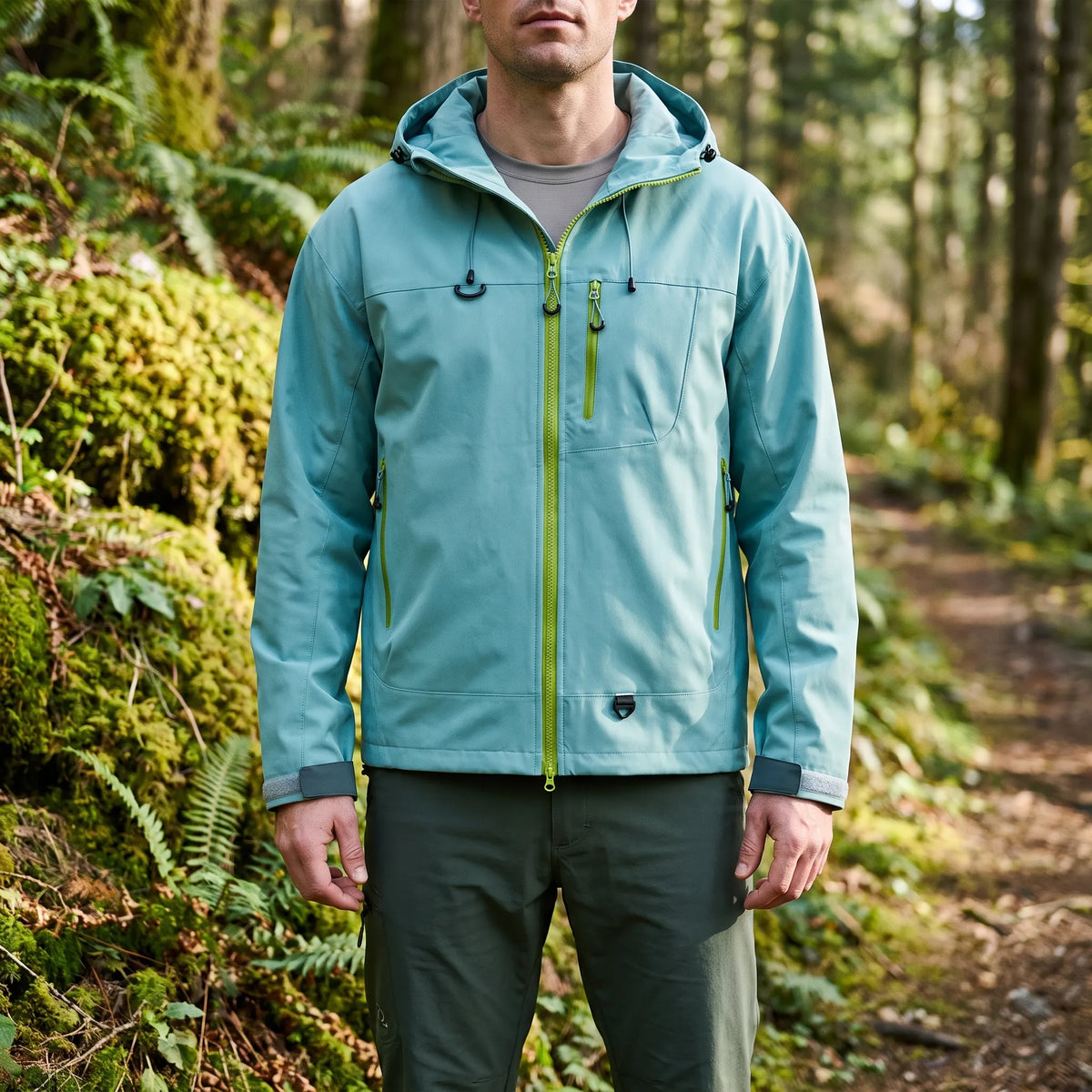 Women's waterproof hiking jacket with adjustable hood and zippered pockets