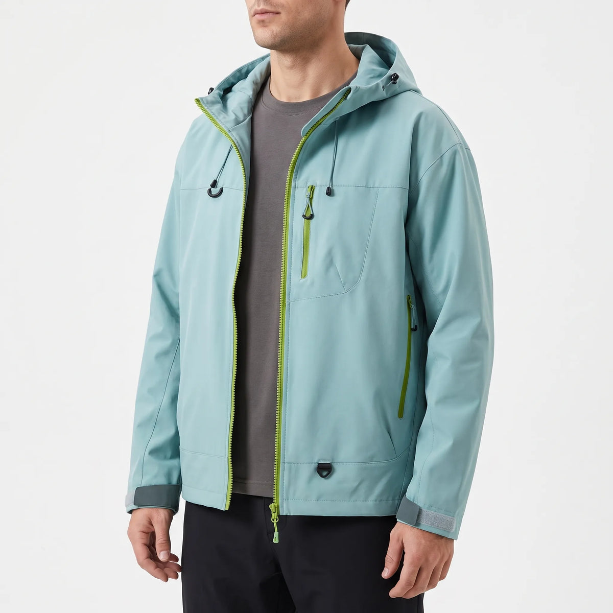 Women's waterproof hiking jacket with adjustable hood and zippered pockets