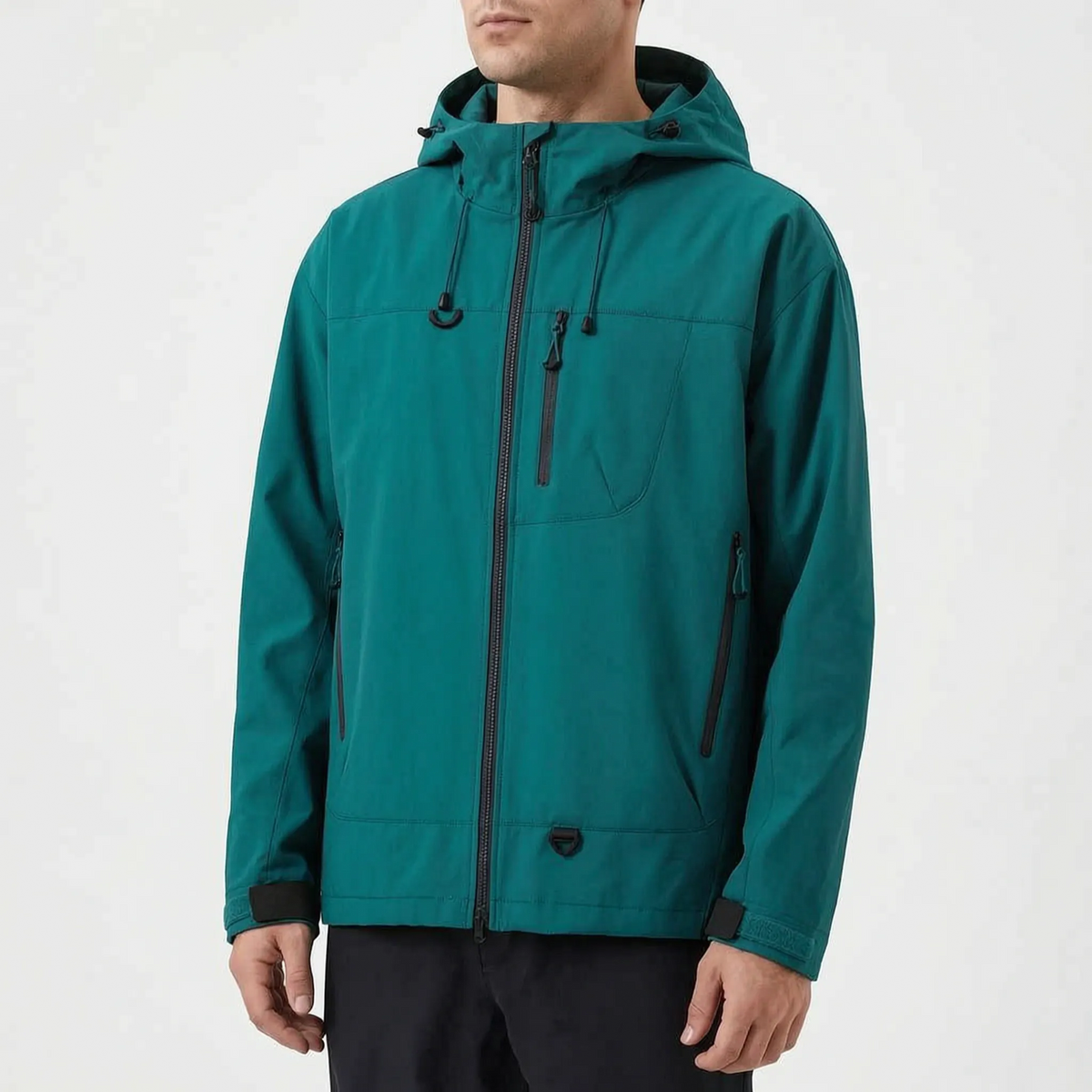 Women's waterproof hiking jacket with adjustable hood and zippered pockets