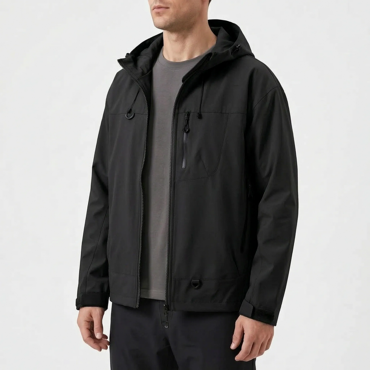 Women's waterproof hiking jacket with adjustable hood and zippered pockets