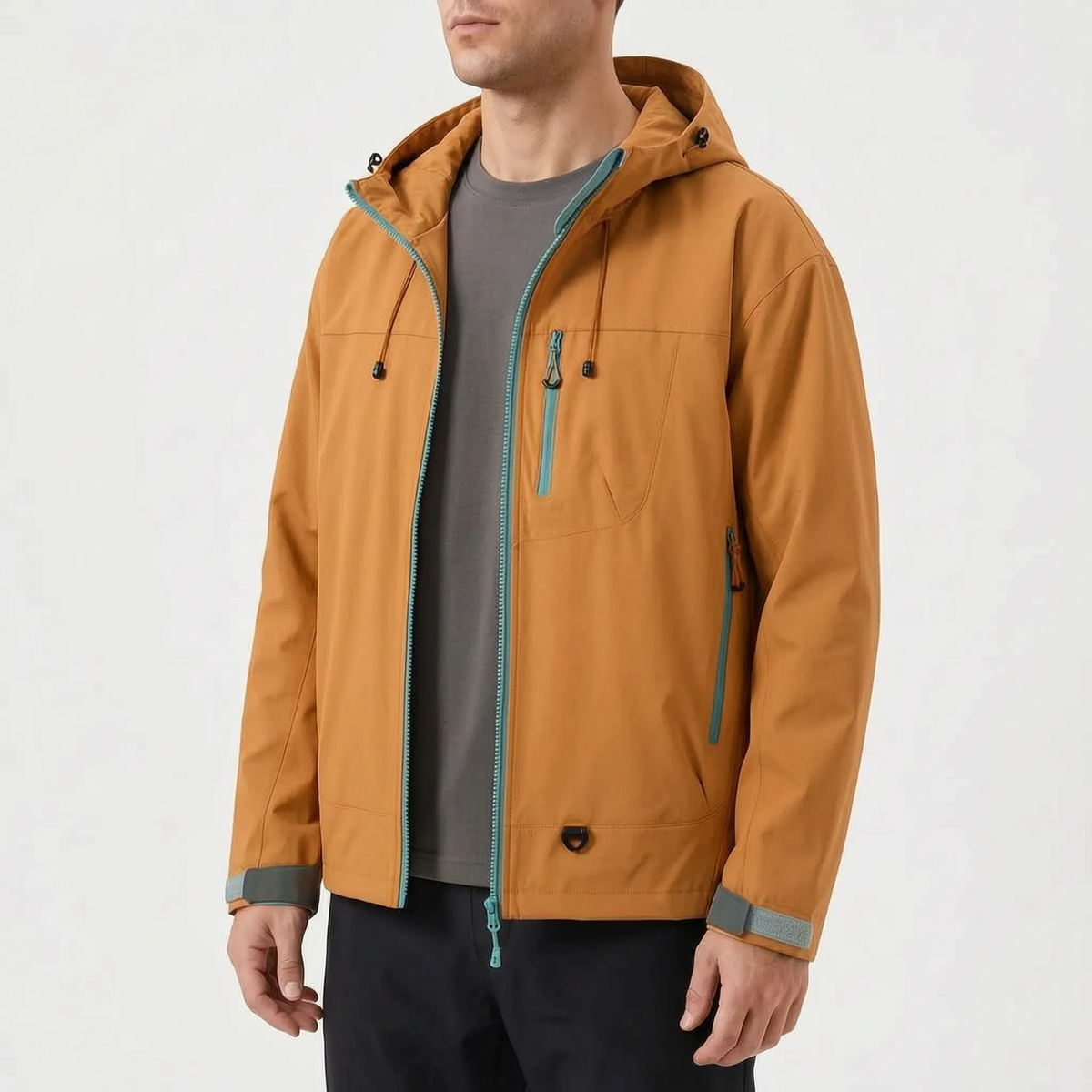 Women's waterproof hiking jacket with adjustable hood and zippered pockets