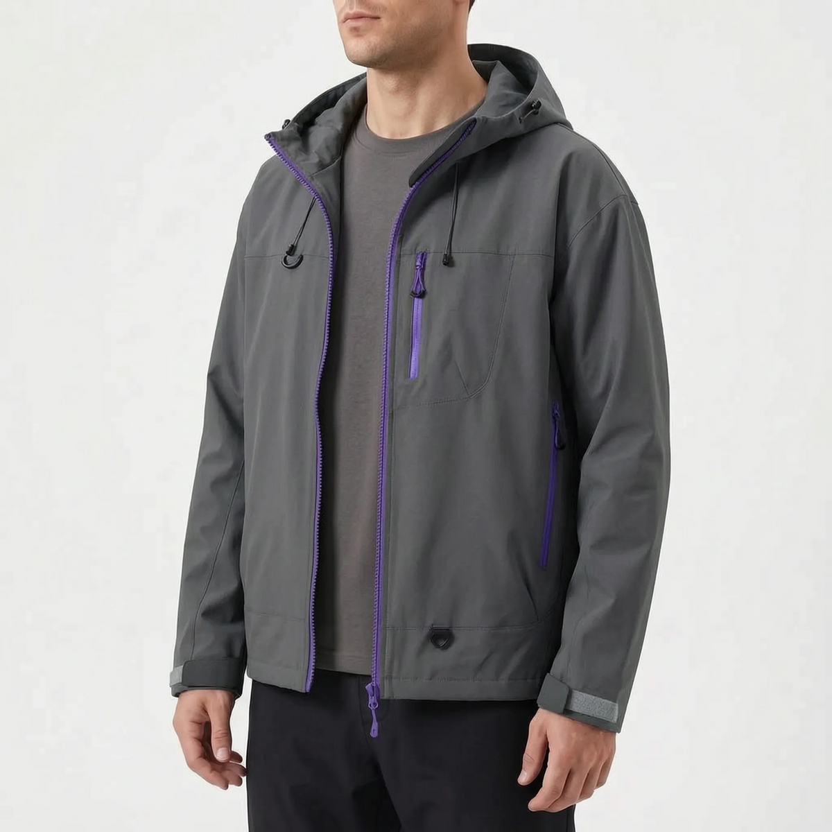 Women's waterproof hiking jacket with adjustable hood and zippered pockets