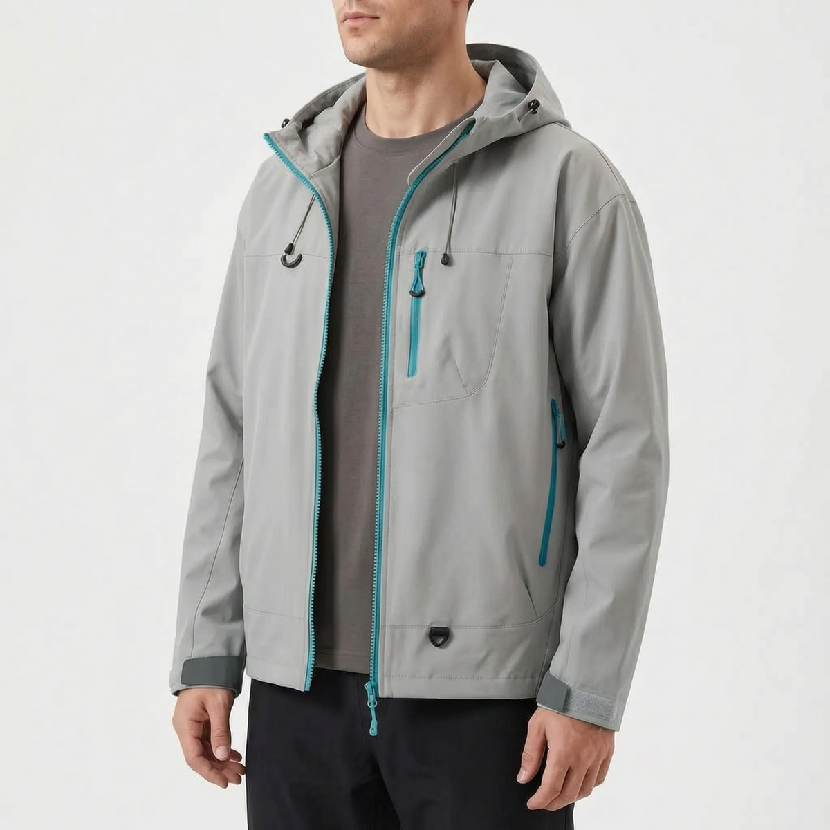 Women's waterproof hiking jacket with adjustable hood and zippered pockets
