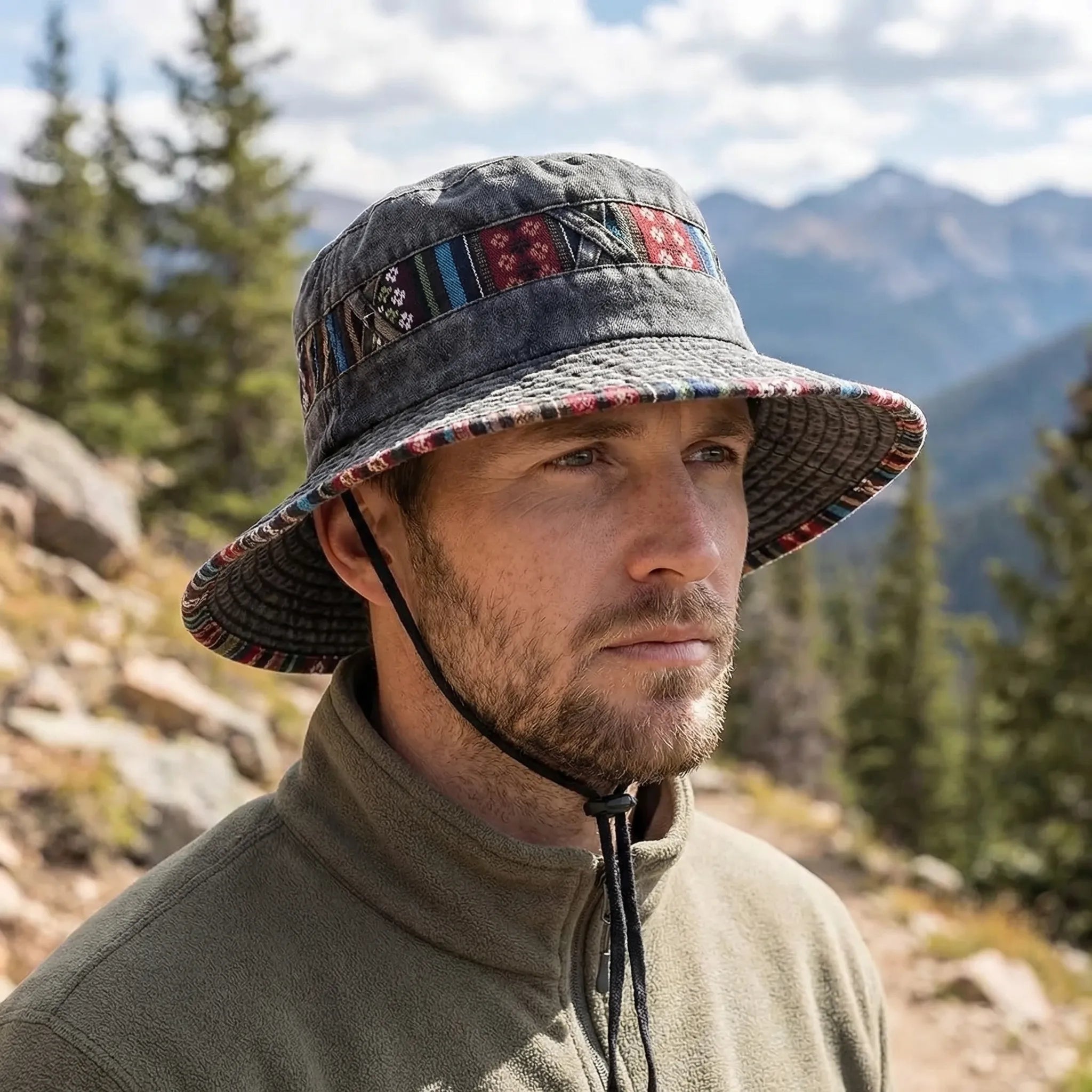 Wide-brim bucket hat with boho woven trim and adjustable chin cord