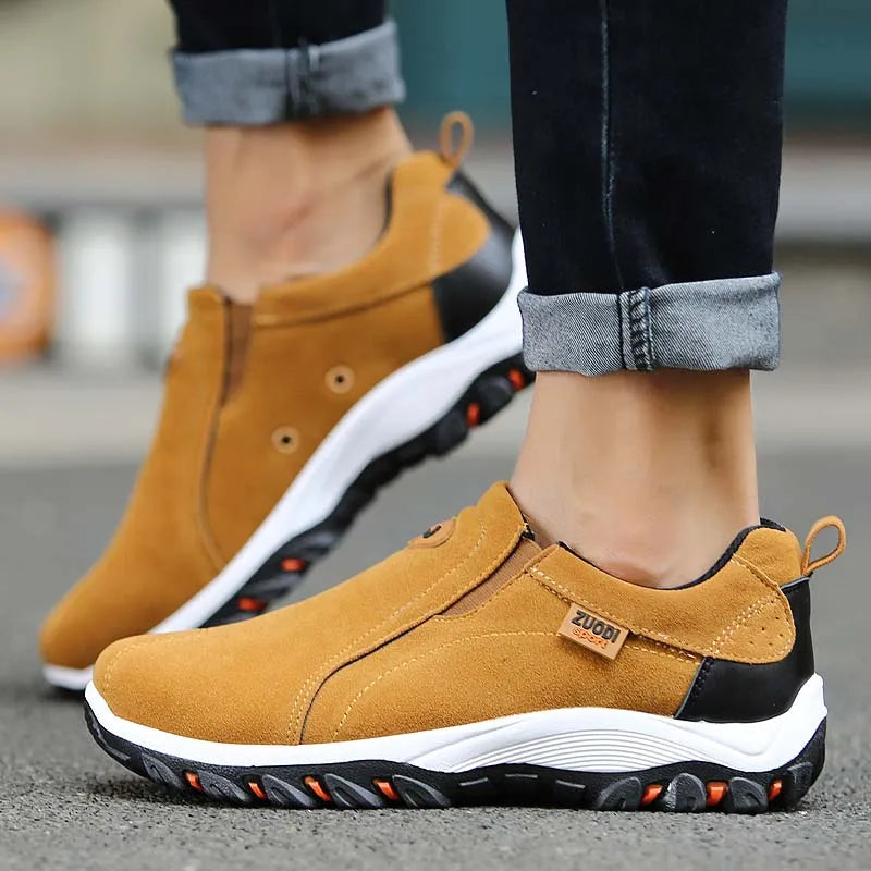 Men's slip-on walking shoe with breathable perforated upper and cushioned flat sole