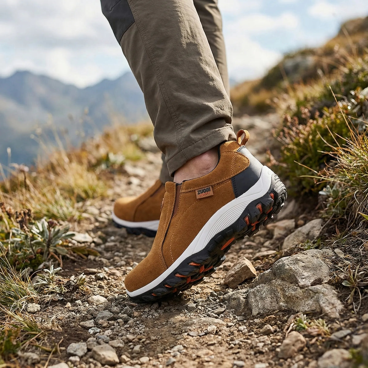 Men's slip-on walking shoe with breathable perforated upper and cushioned flat sole